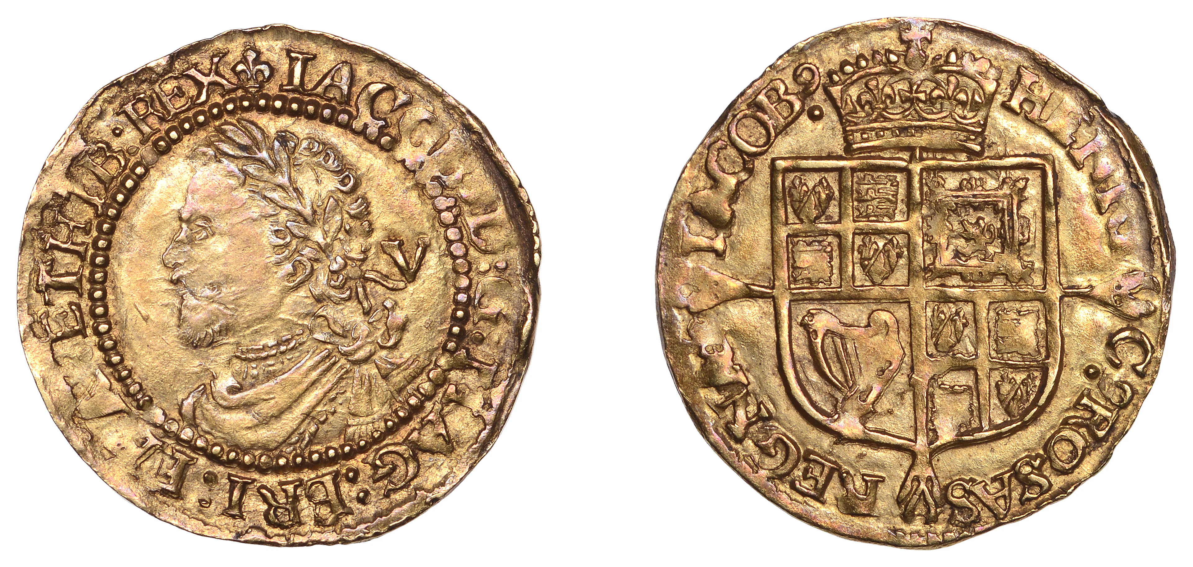 JAMES I, Third Coinage: Quarter Laurel of Five Shillings, mm. lis
