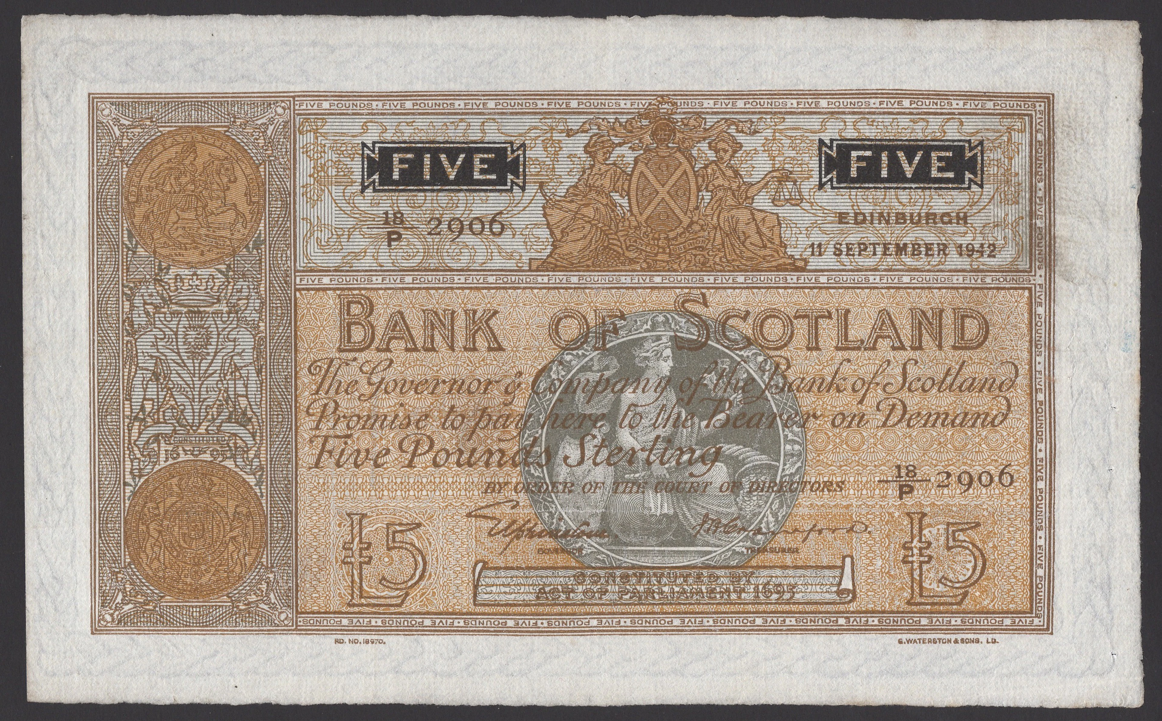 Bank of Scotland, £5, 11 September 1942, serial number 18/P 2906