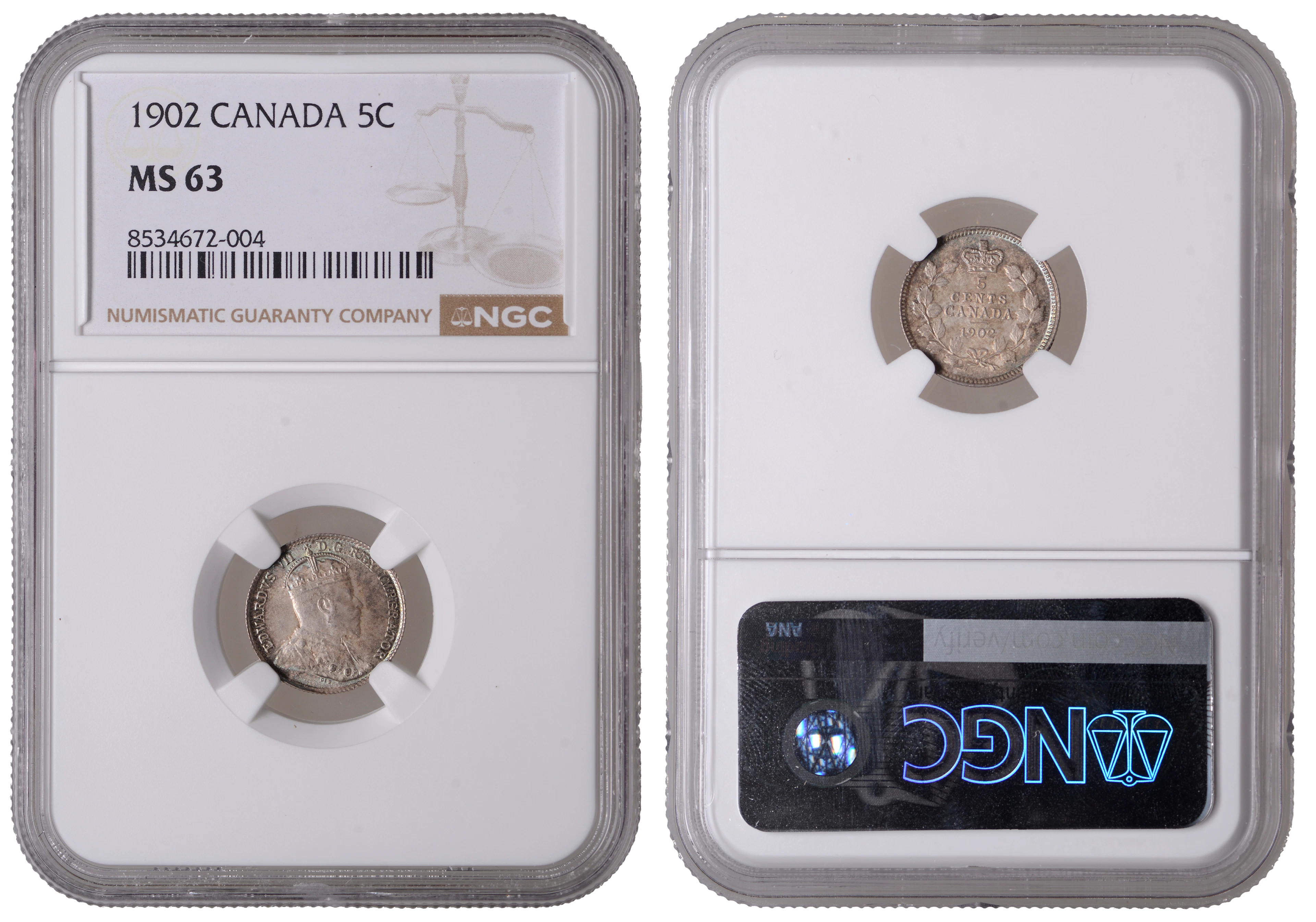 Canada, Edward VII, 5 Cents, 1902, London (KM 9). Prettily toned