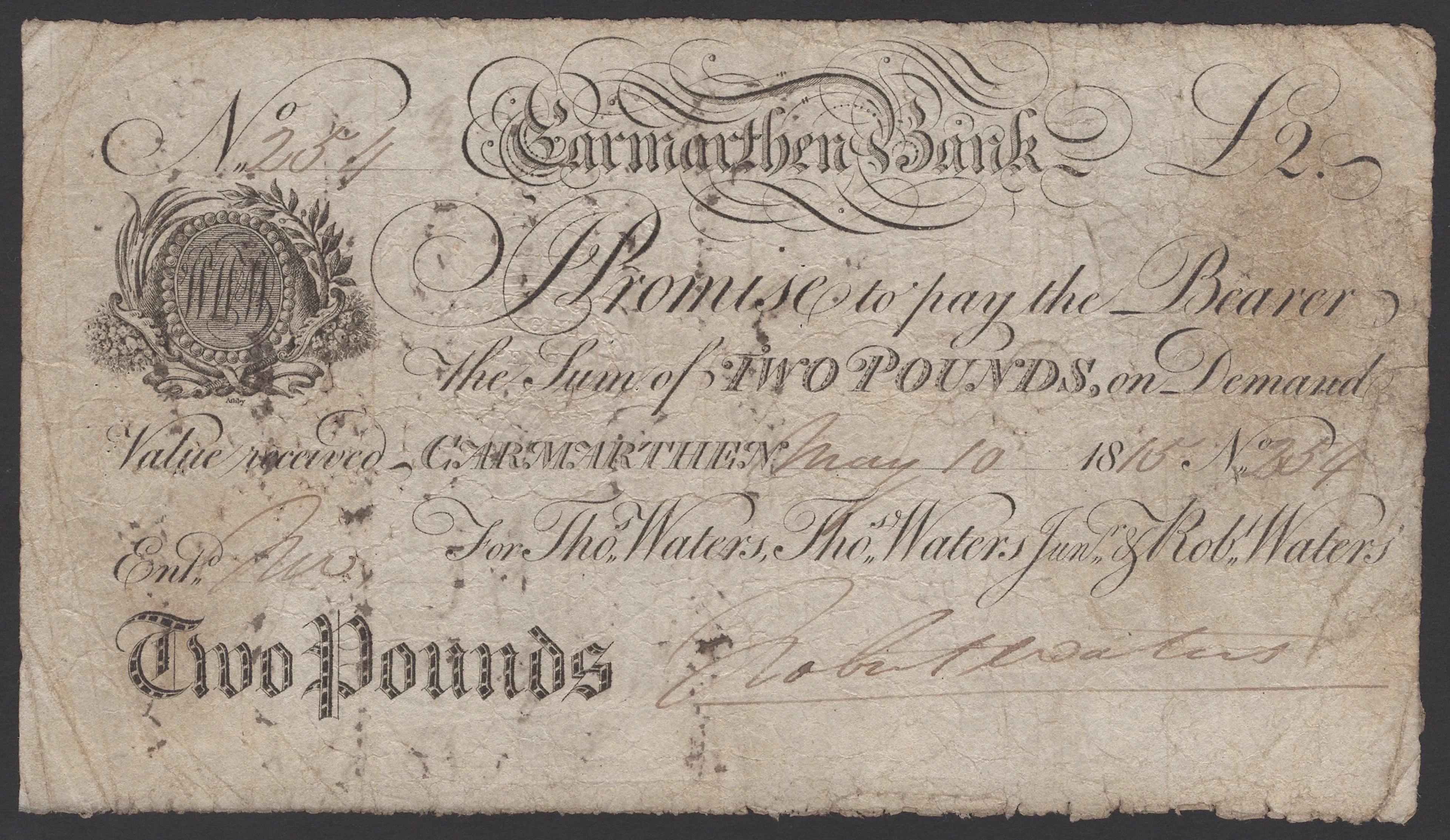 Carmarthen Bank, for Thos Waters, Thos Waters Junr & Robt Waters