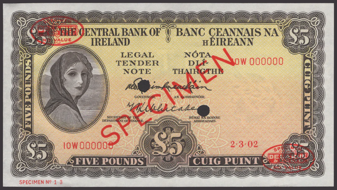 Central Bank of Ireland, specimen £5, 2 March 1902 (fictitious date