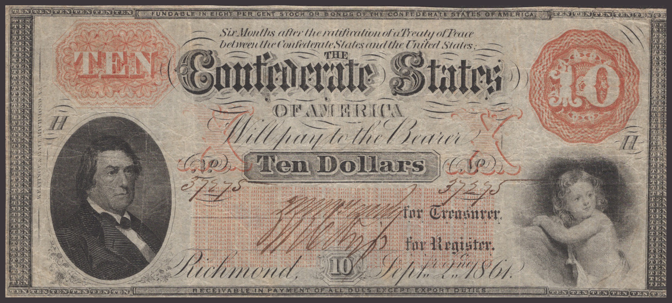 Confederate States of America, $10, 2 September 1861, serial number