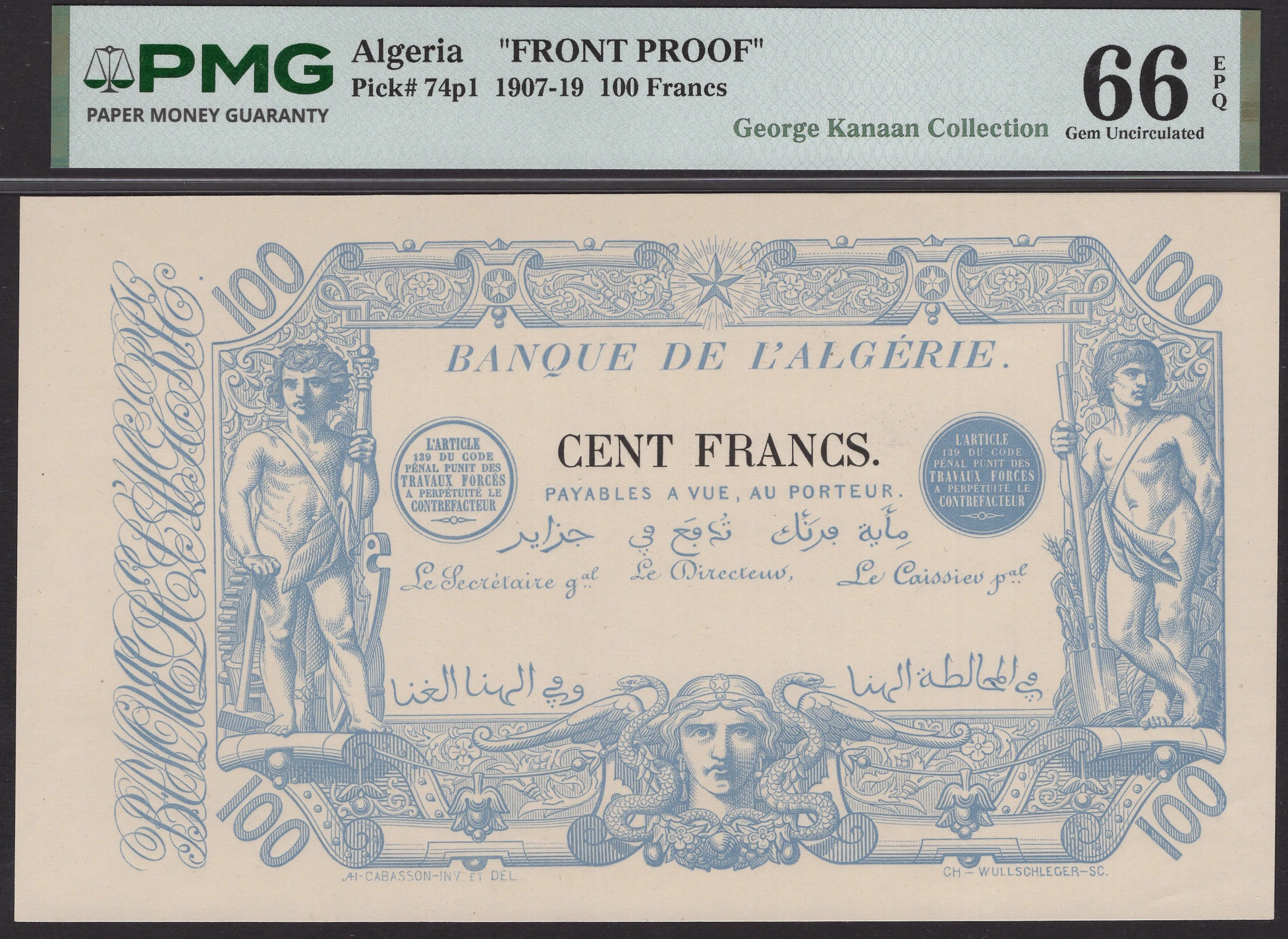 Banque de l’Algerie, obverse proof 100 Francs, ND (1901-19), without