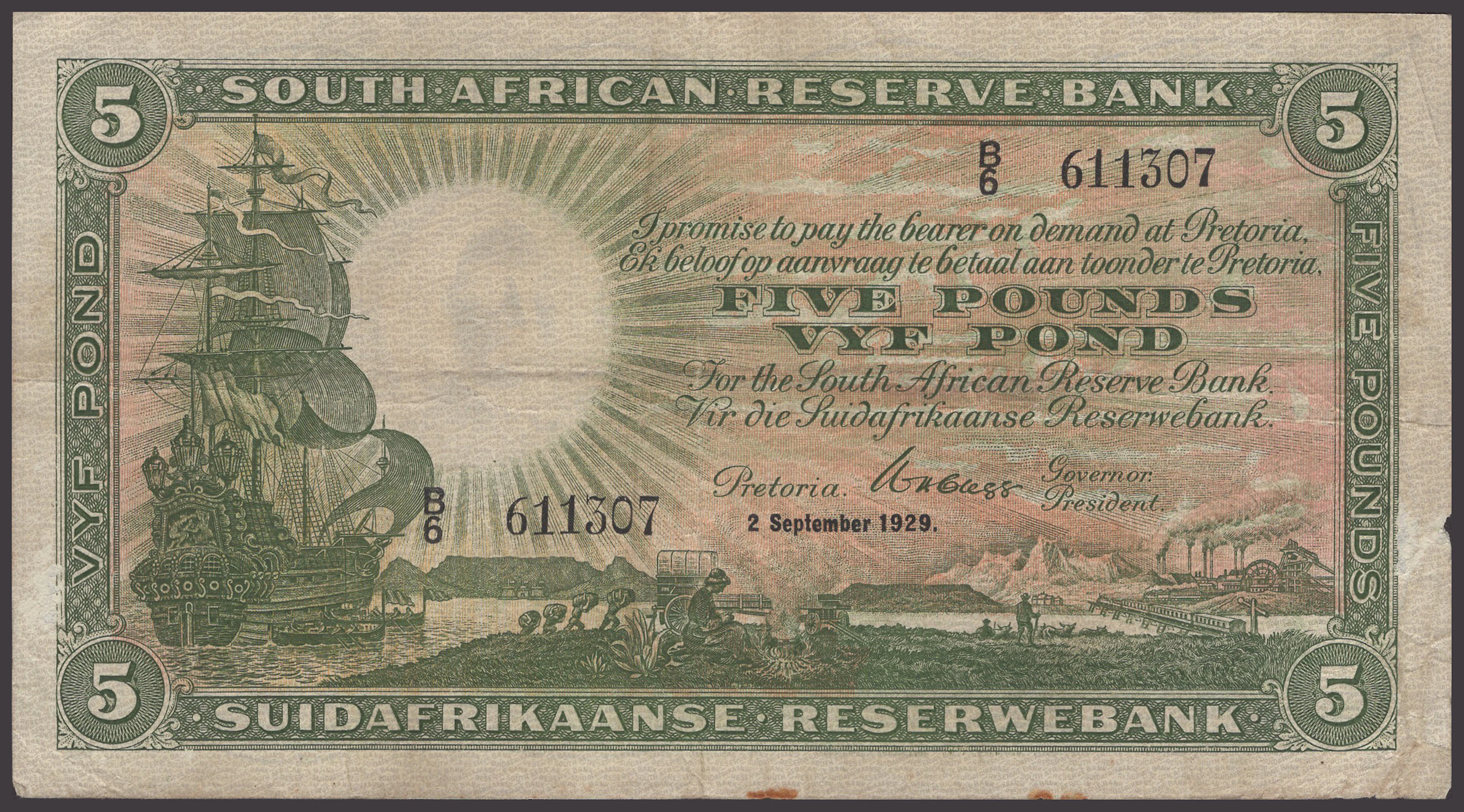 South African Reserve Bank, £5, 2 September 1929, serial number B/6