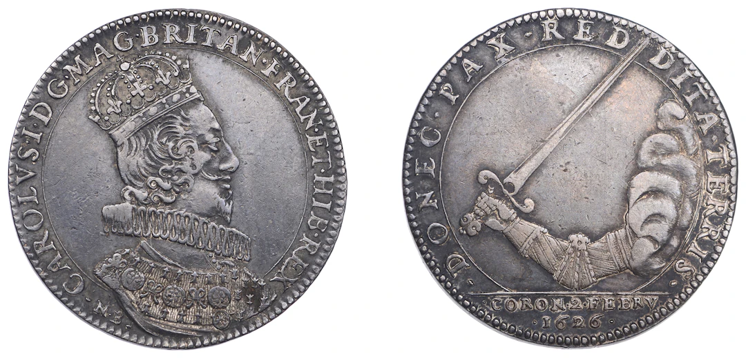 Charles I, Coronation, 1626, a silver medal by N. Briot, crowned bust