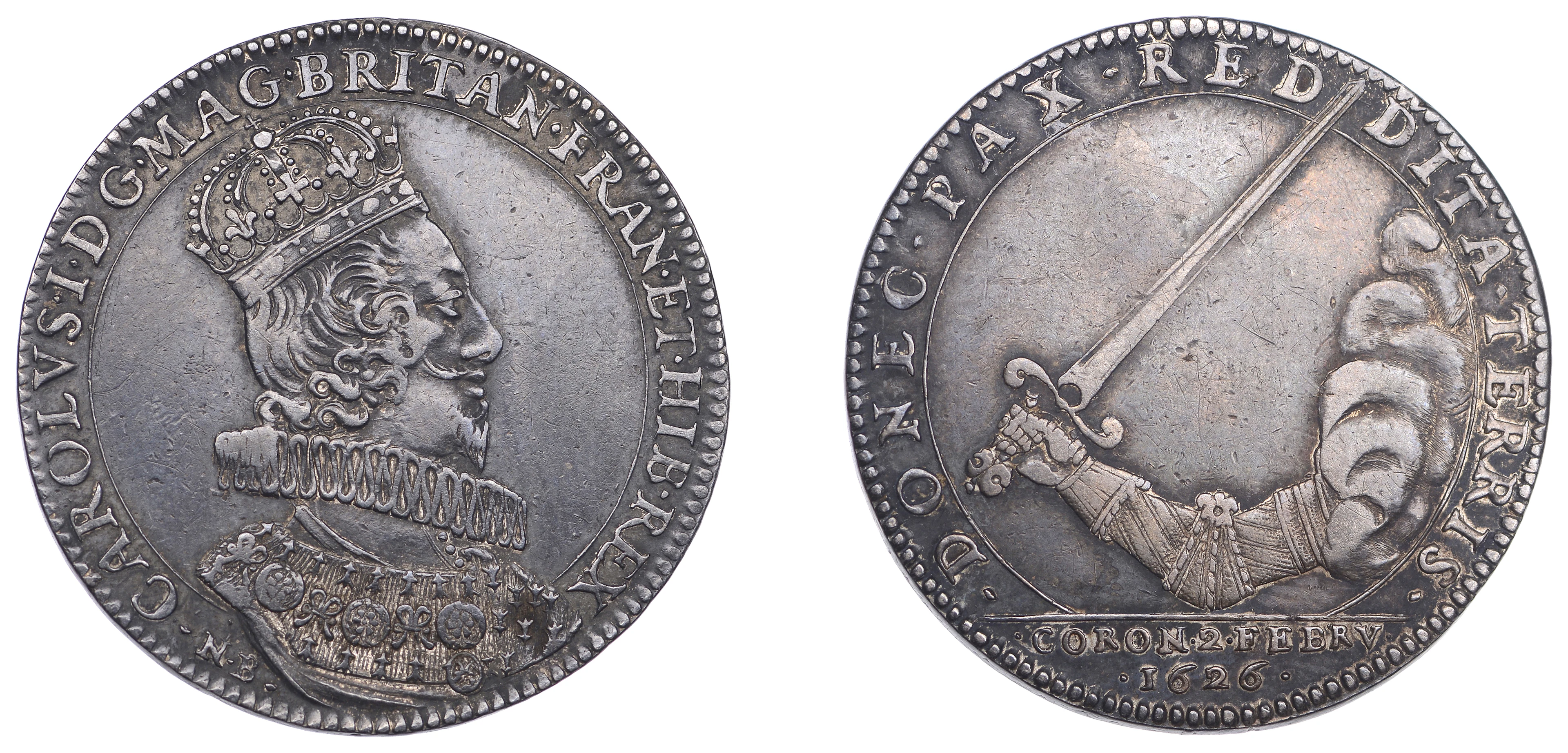 Charles I, Coronation, 1626, a silver medal by N. Briot, crowned bust