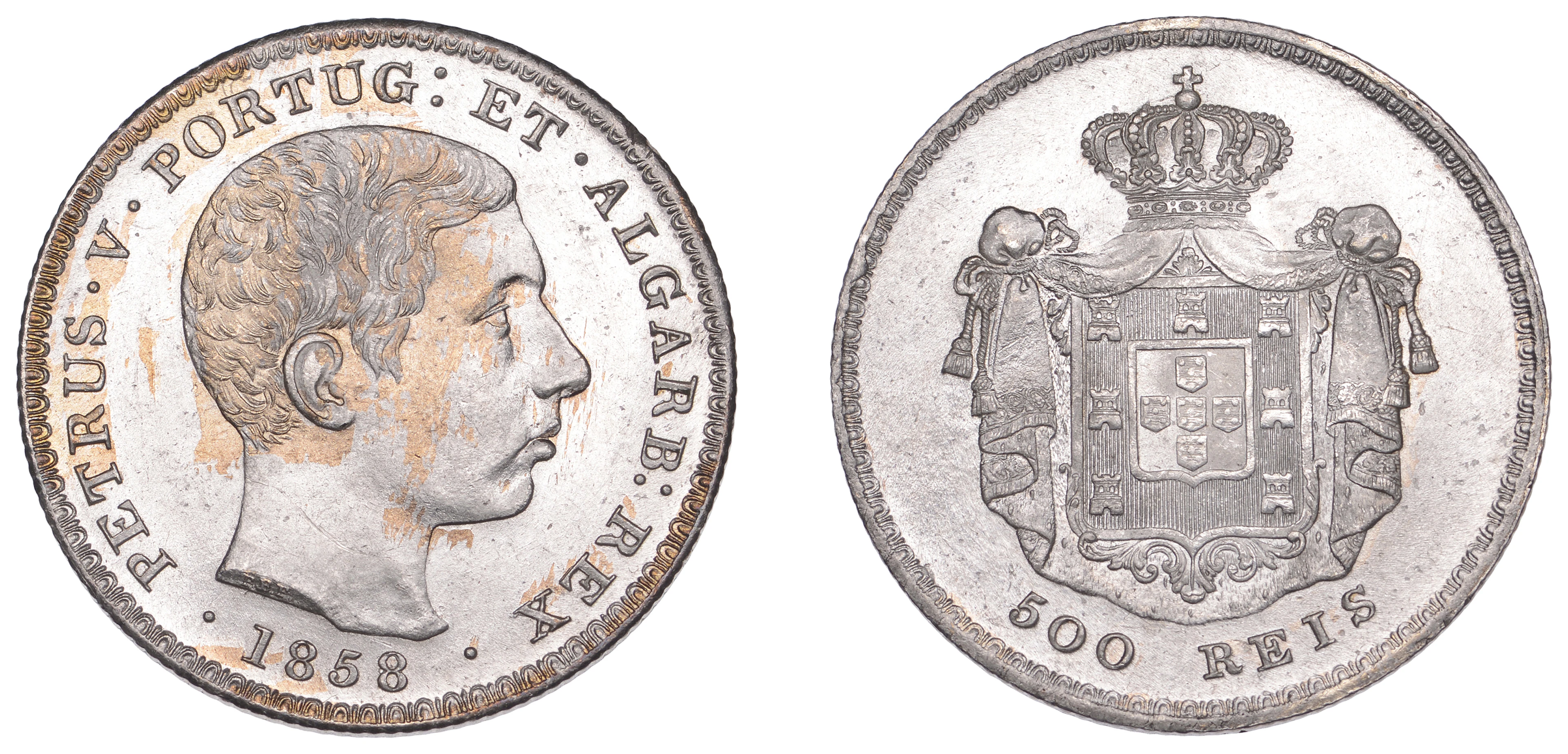 Portugal, Pedro V, 500 Reis, 1858, Lisbon (KM 498). Light irregular