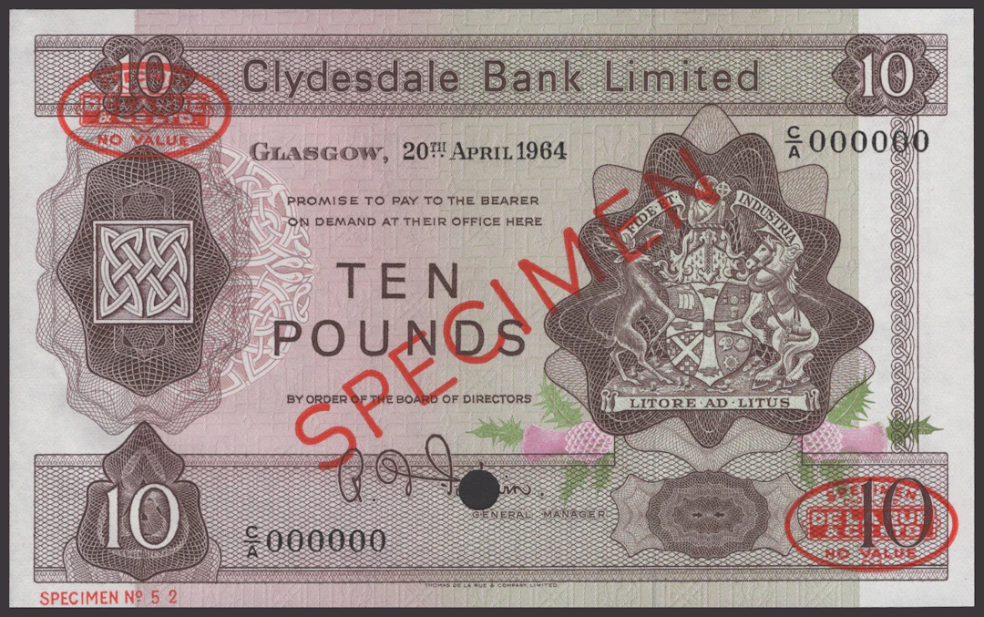 Clydesdale Bank Limited, specimen £10, 20 April 1964, serial number