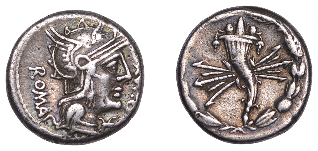 Republican Issues, Q. Fabius Maximus, Denarius, c. 127, helmeted head