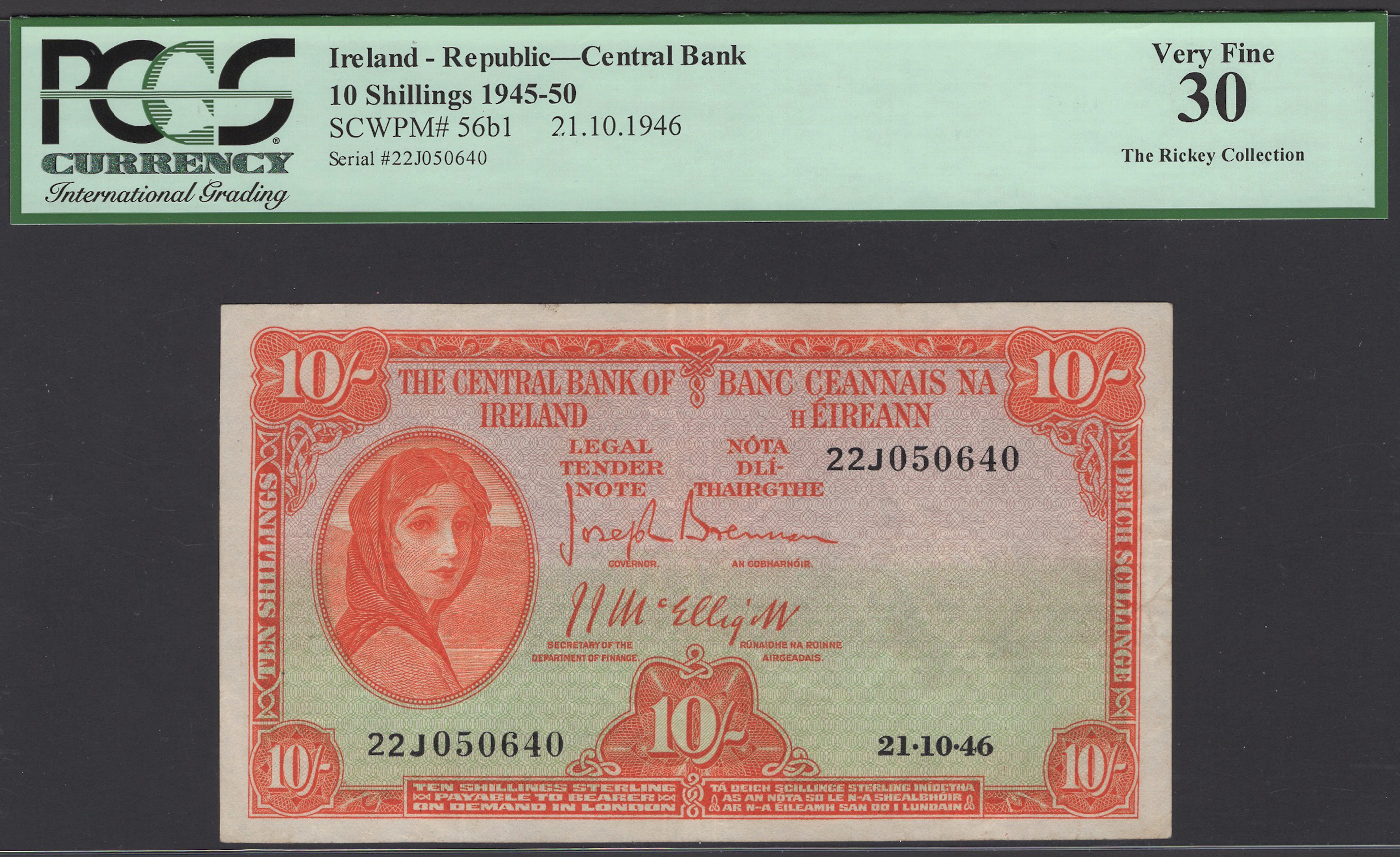 Central Bank of Ireland, 10 Shillings, 21 October 1946, serial number