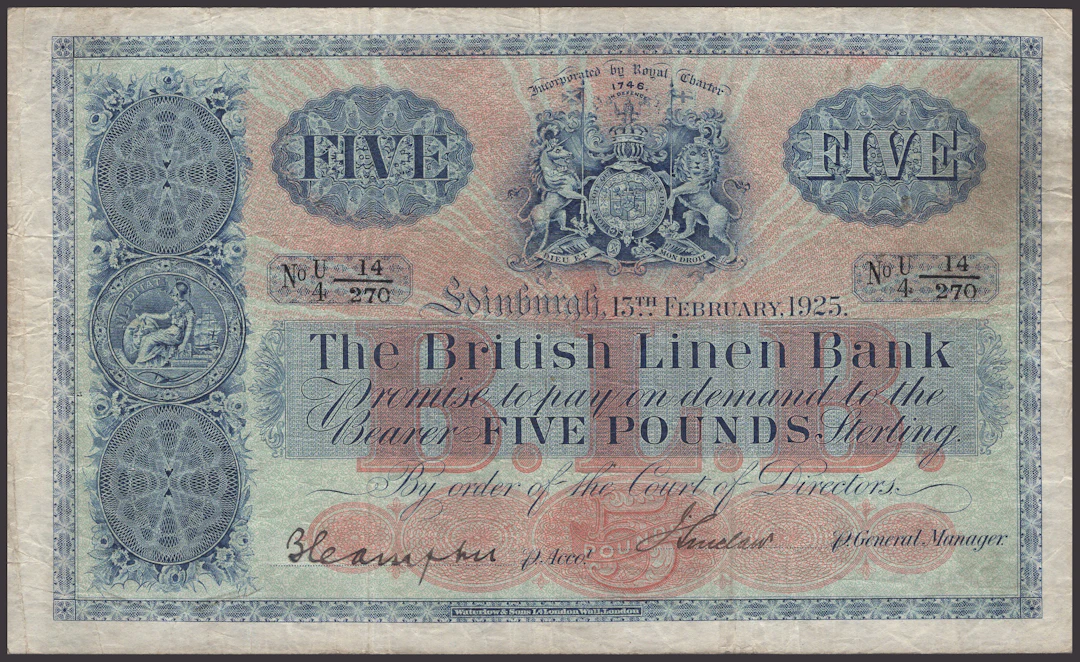 British Linen Bank, £5, 15 February 1925, serial number U/4 14/270