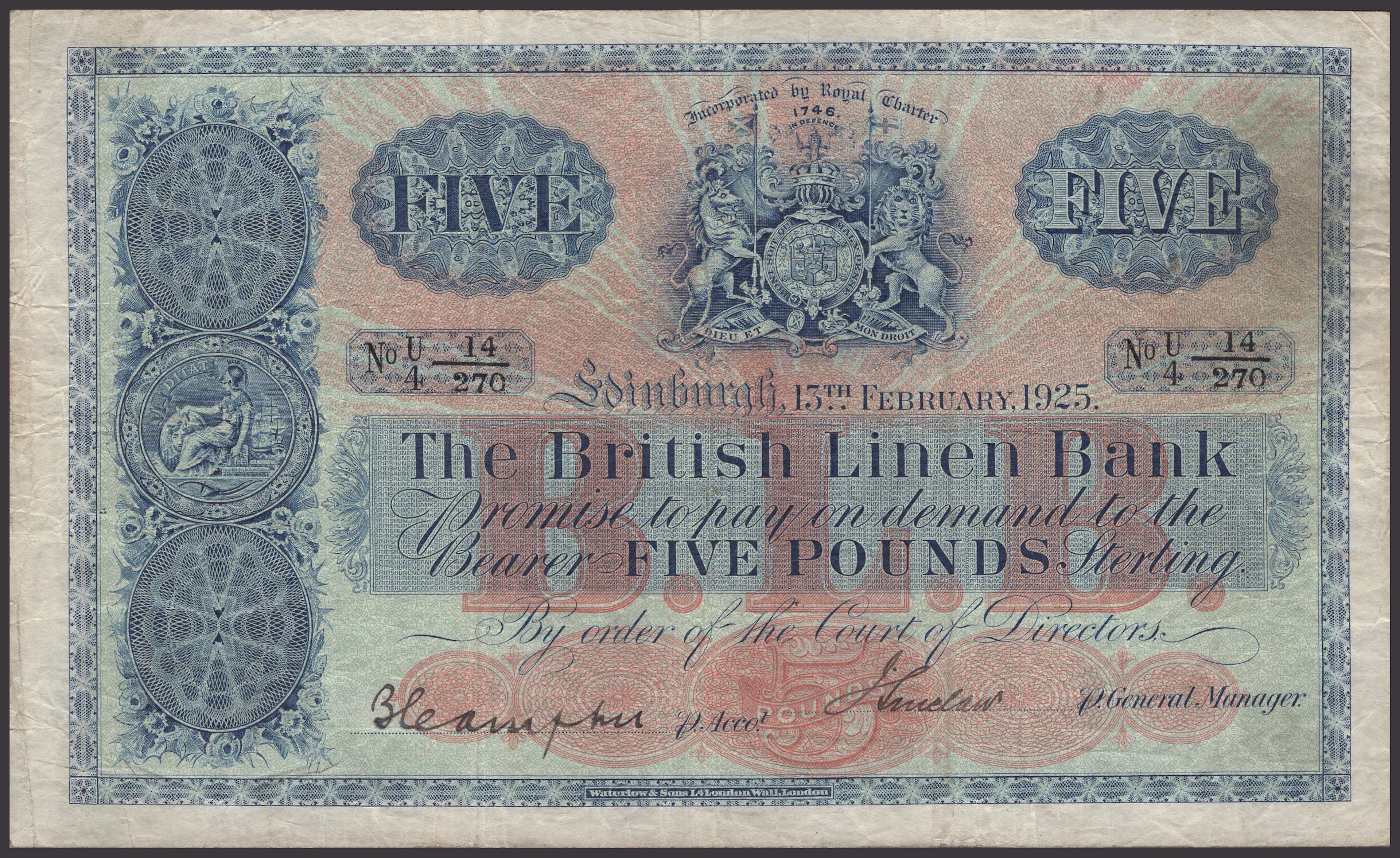 British Linen Bank, £5, 15 February 1925, serial number U/4 14/270