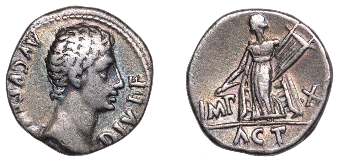 Augustus (27 BC-AD 14), Denarius, Lugdunum, 15-13 BC, bare head of