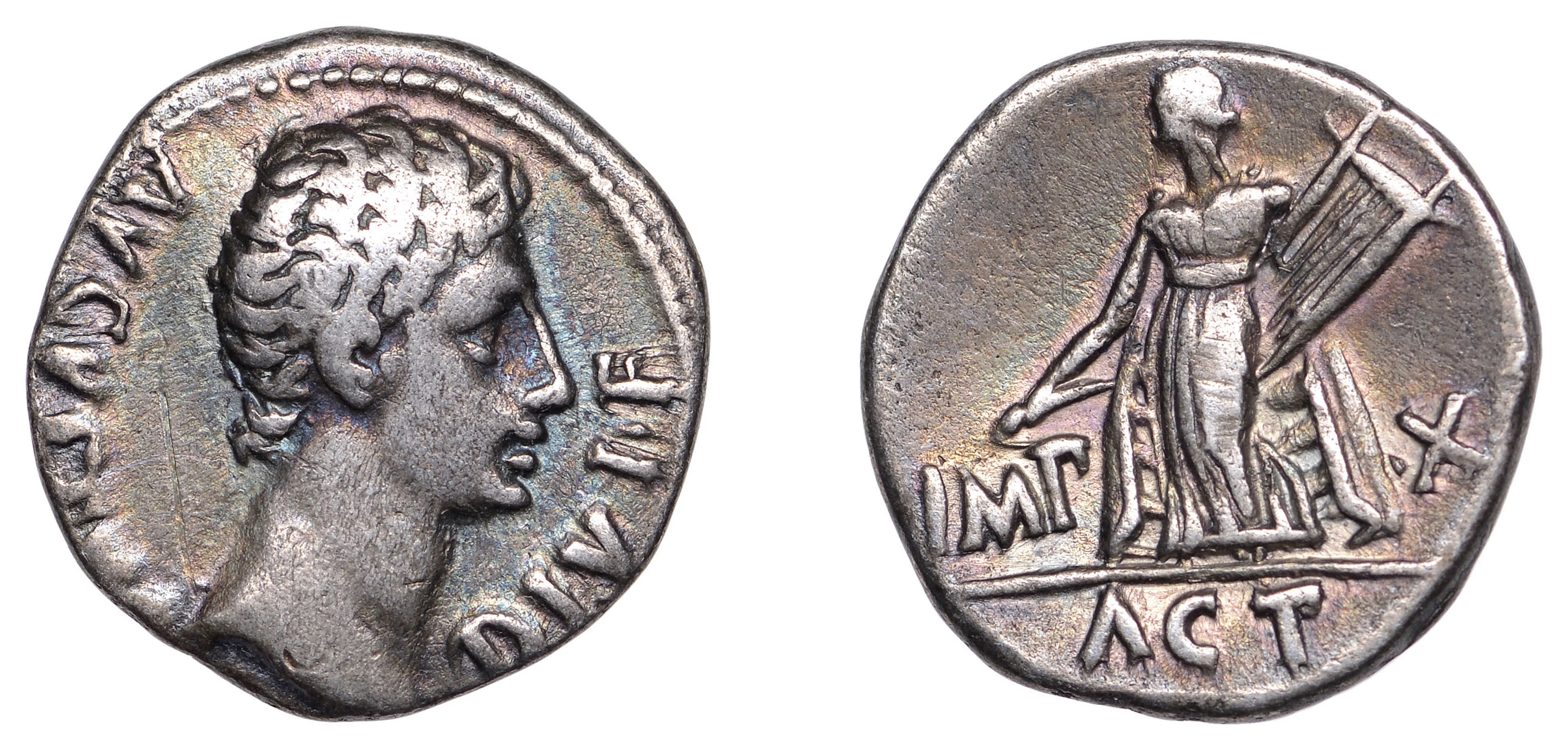 Augustus (27 BC-AD 14), Denarius, Lugdunum, 15-13 BC, bare head of