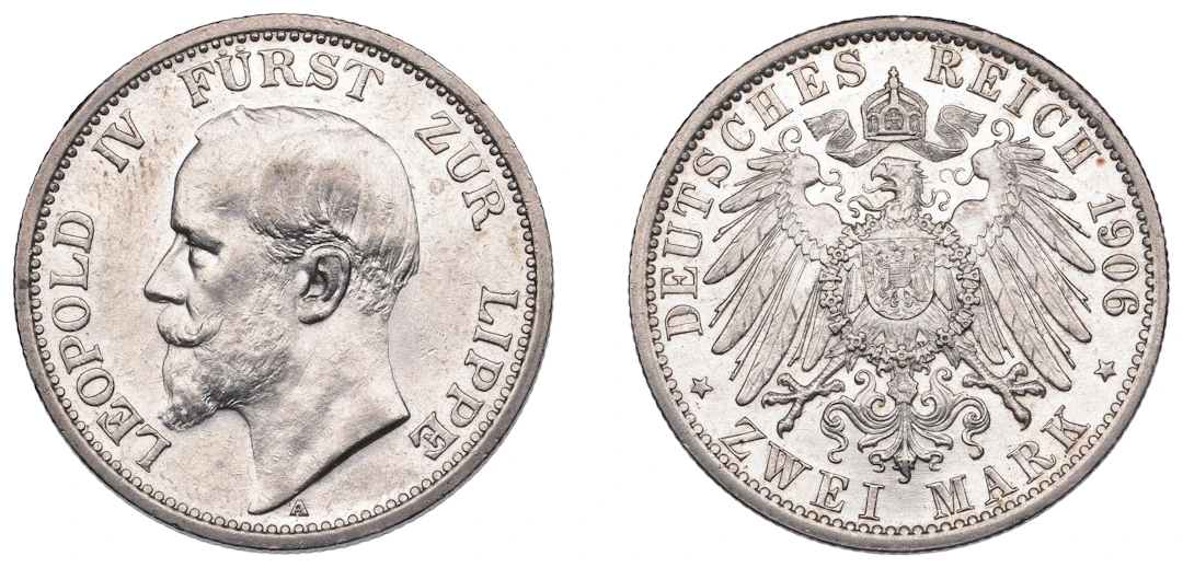 Germany, Lippe, Leopold IV, 2 Mark, 1906a, Berlin (J 78; KM 270).