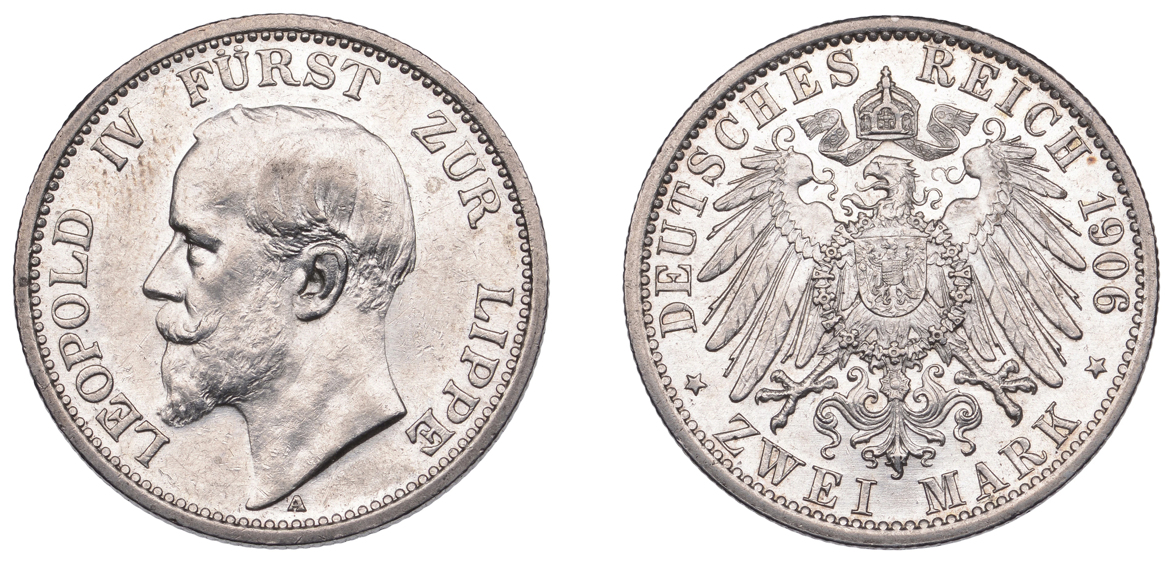 Germany, Lippe, Leopold IV, 2 Mark, 1906a, Berlin (J 78; KM 270).