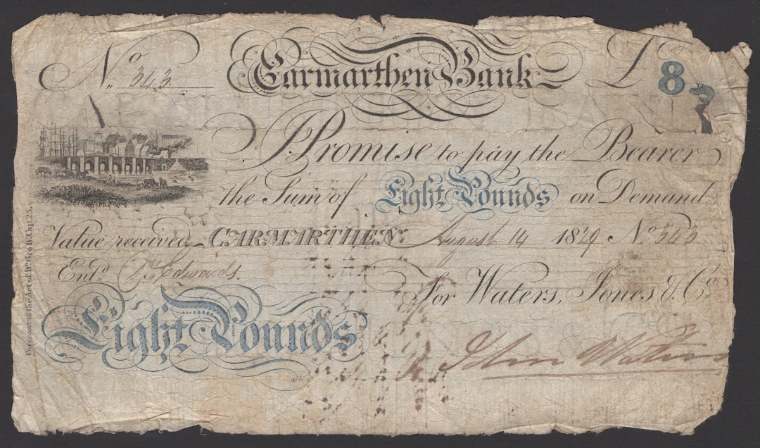 Carmarthen Bank, for Waters, Jones & Co, £8, 14 August 1829, serial
