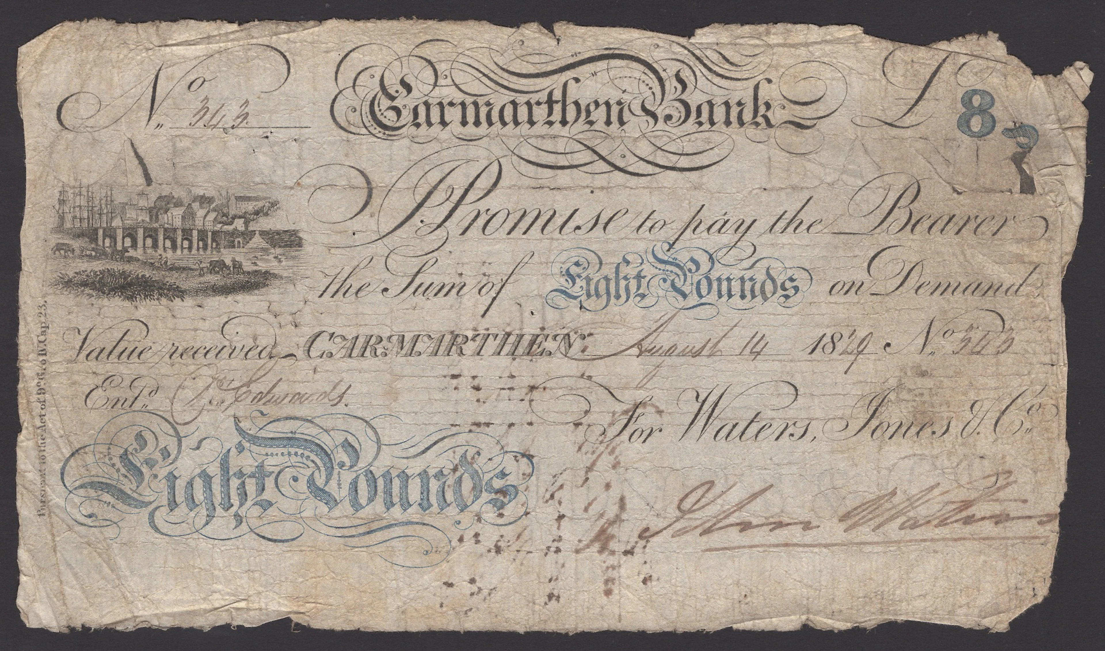 Carmarthen Bank, for Waters, Jones & Co, £8, 14 August 1829, serial