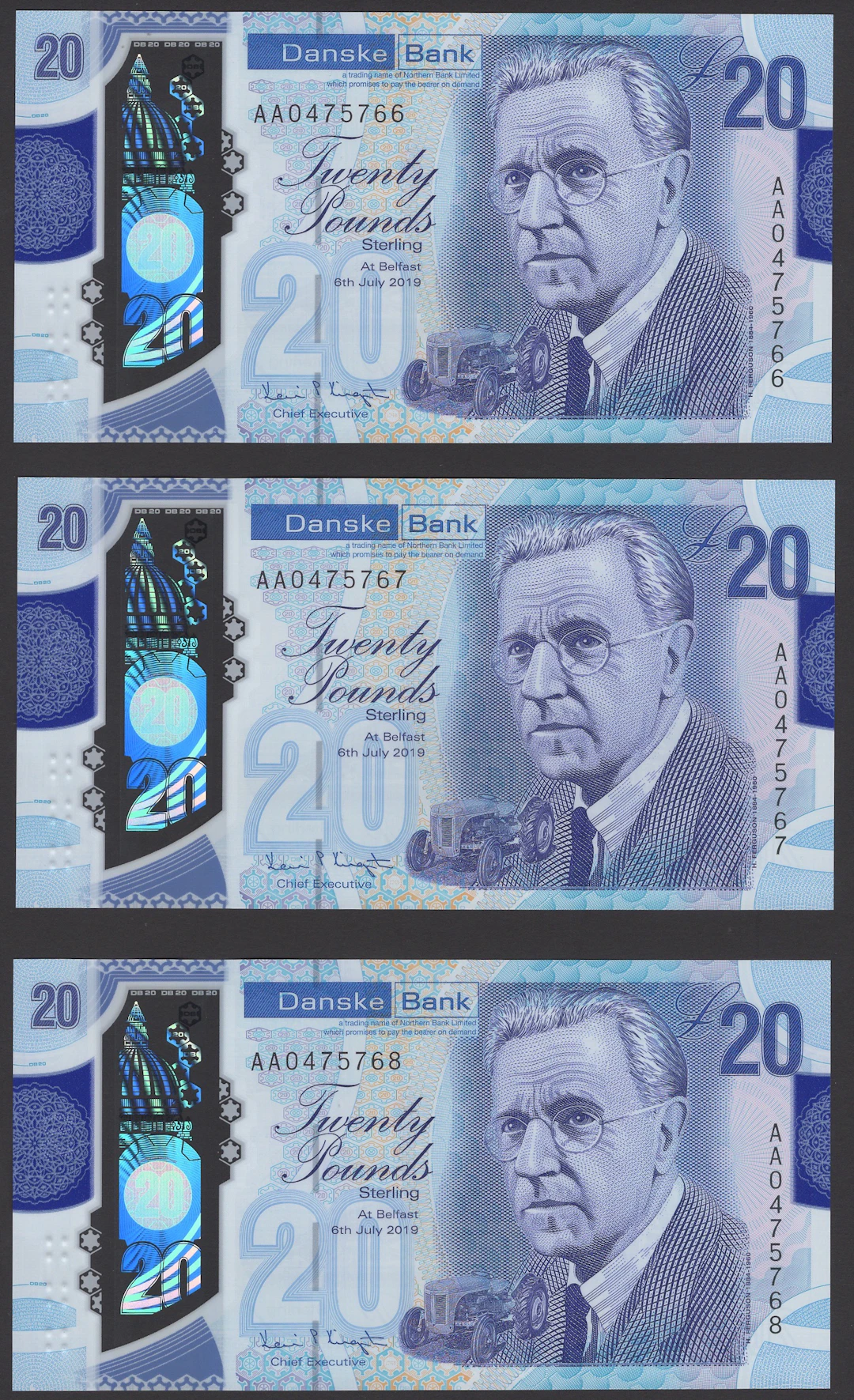 Danske Bank, £20 (10), 8 July 2019, consecutive serial numbers AA0475766-69