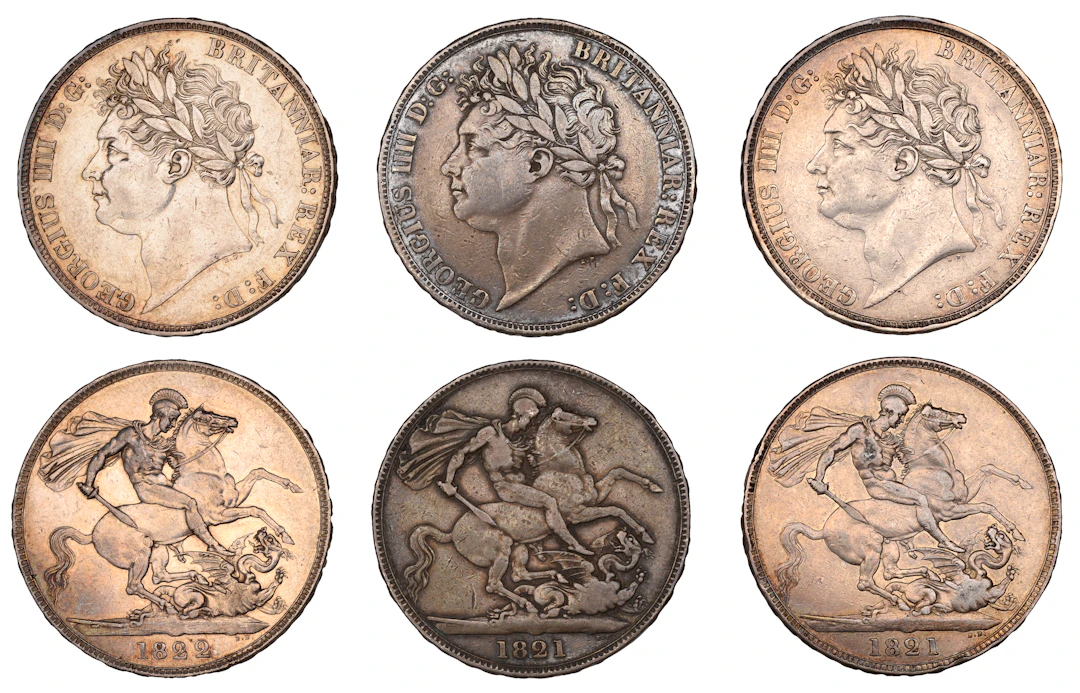George IV, Crowns (3), 1821 (2), 1822 (ESC 2310, 2318; S 3805) [3].