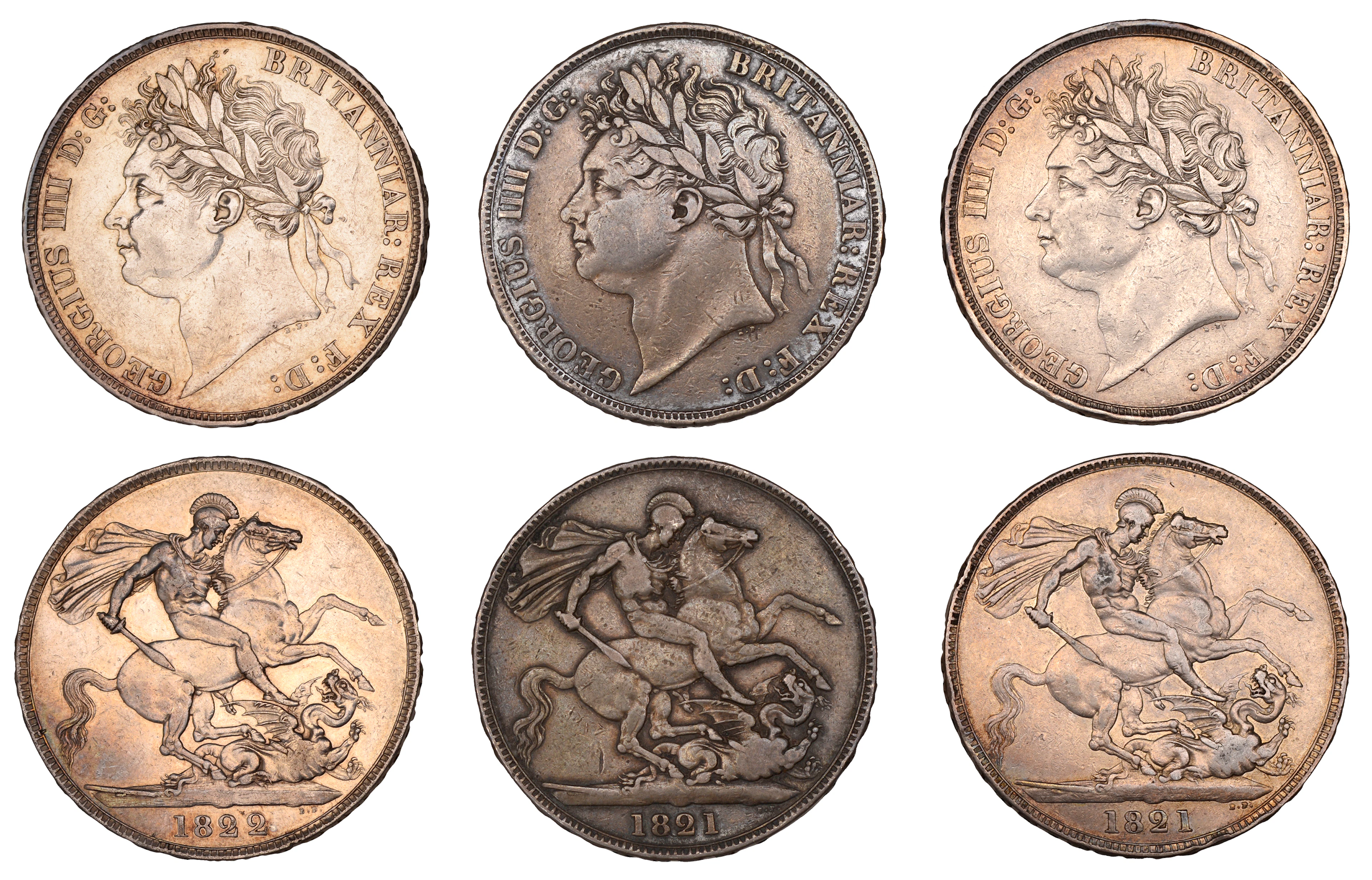 George IV, Crowns (3), 1821 (2), 1822 (ESC 2310, 2318; S 3805) [3].