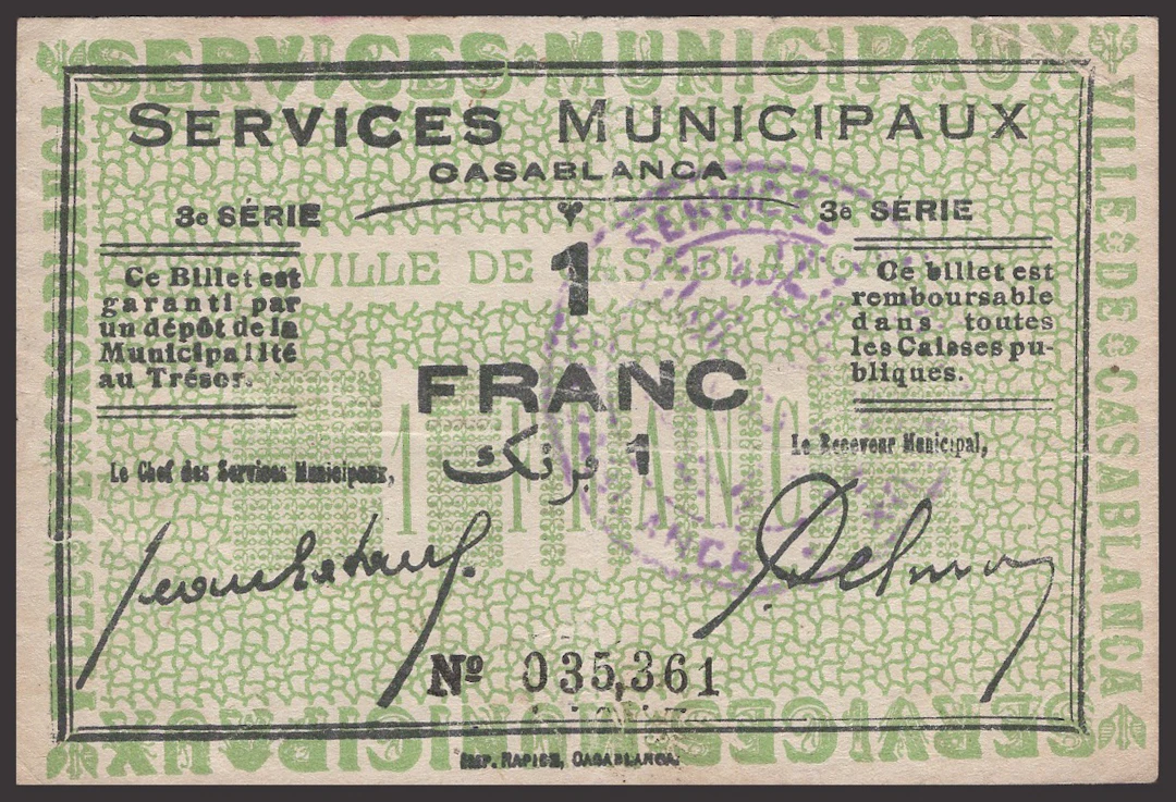 Services Municipaux, Casablanca, Morocco, 1 Franc, 1919, serial number