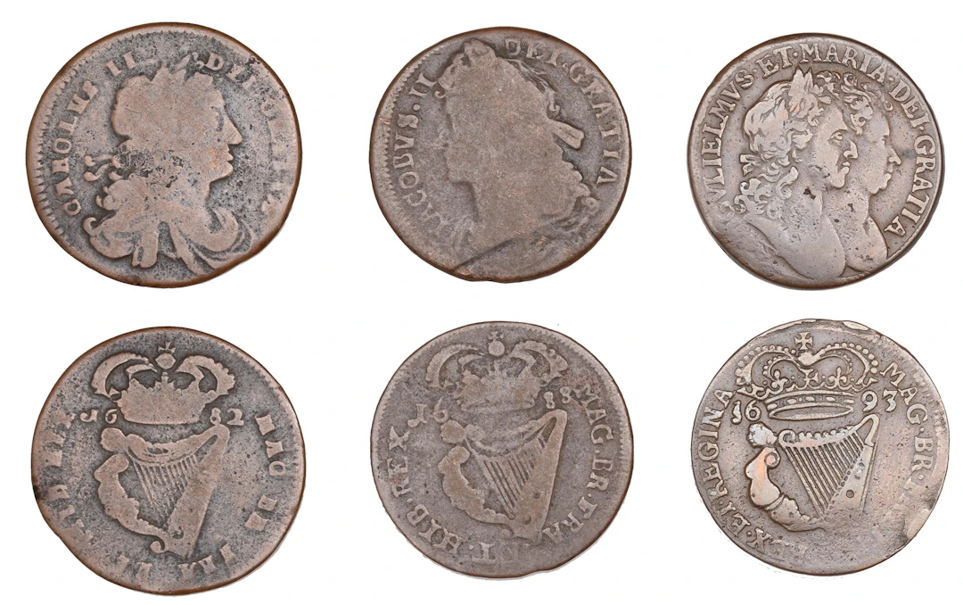 Ireland, Charles II, Halfpenny, 1682 (S 6574); James II, Halfpenny