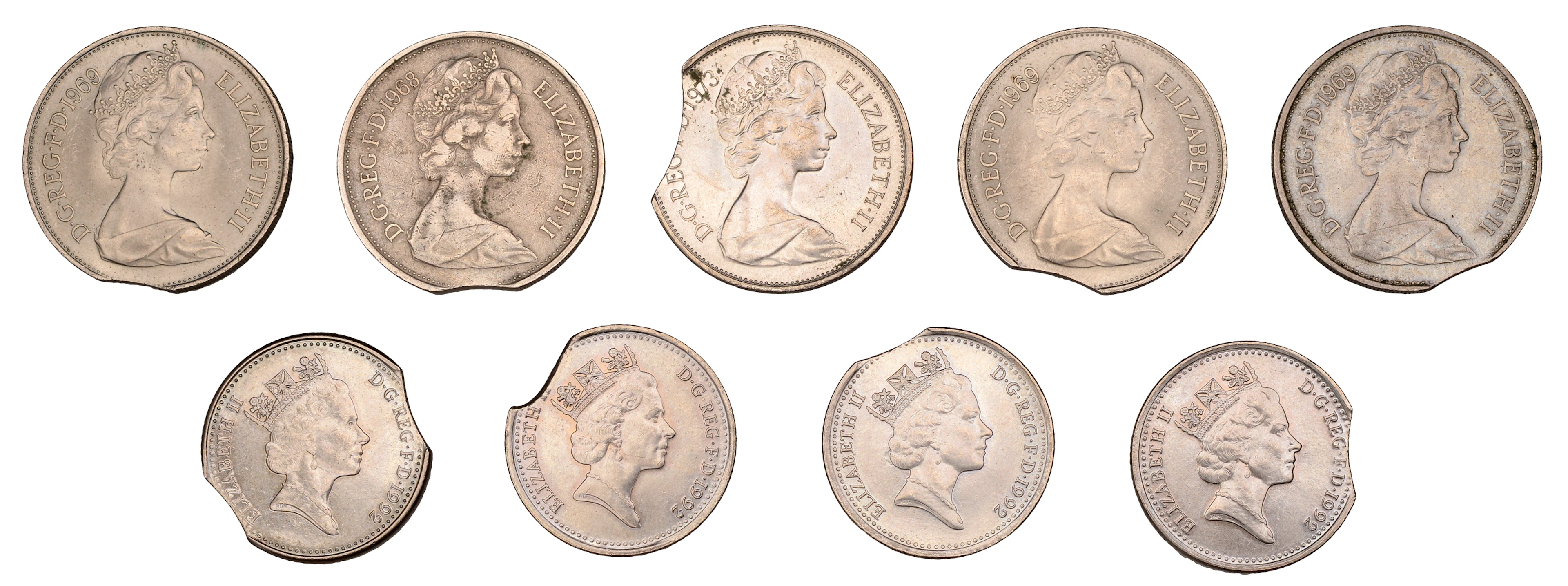 Elizabeth II, Clipped Planchet Error Ten Pence (9), 1968, 1969 (3)