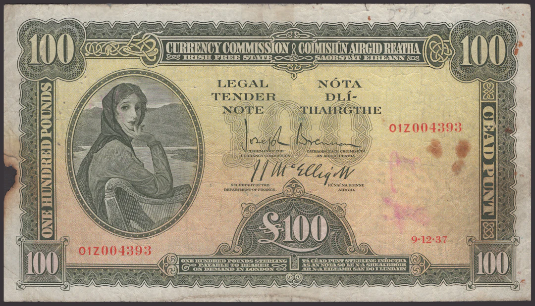 Currency Commission, Irish Free State, £100, 9 December 1937, serial