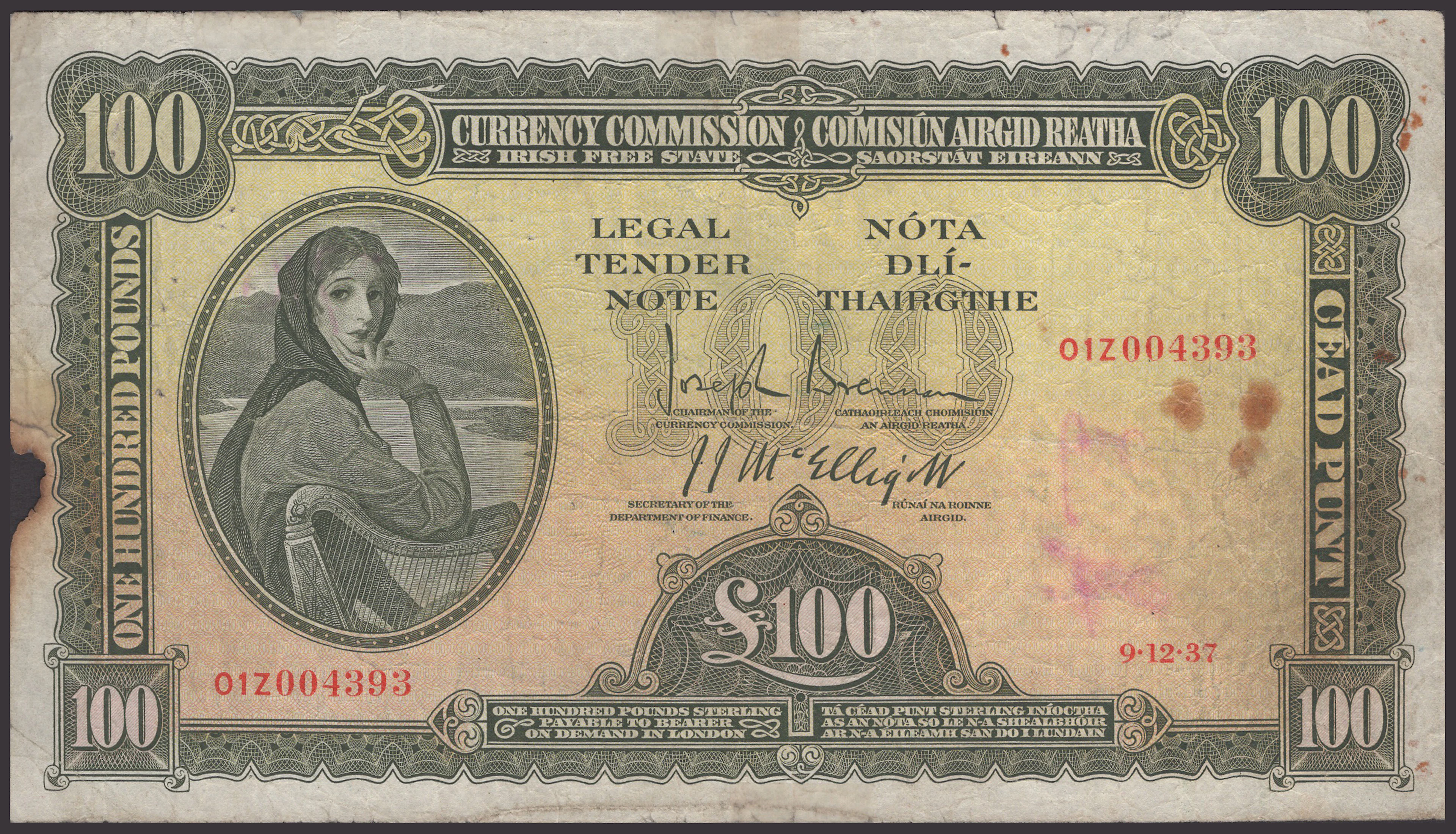 Currency Commission, Irish Free State, £100, 9 December 1937, serial