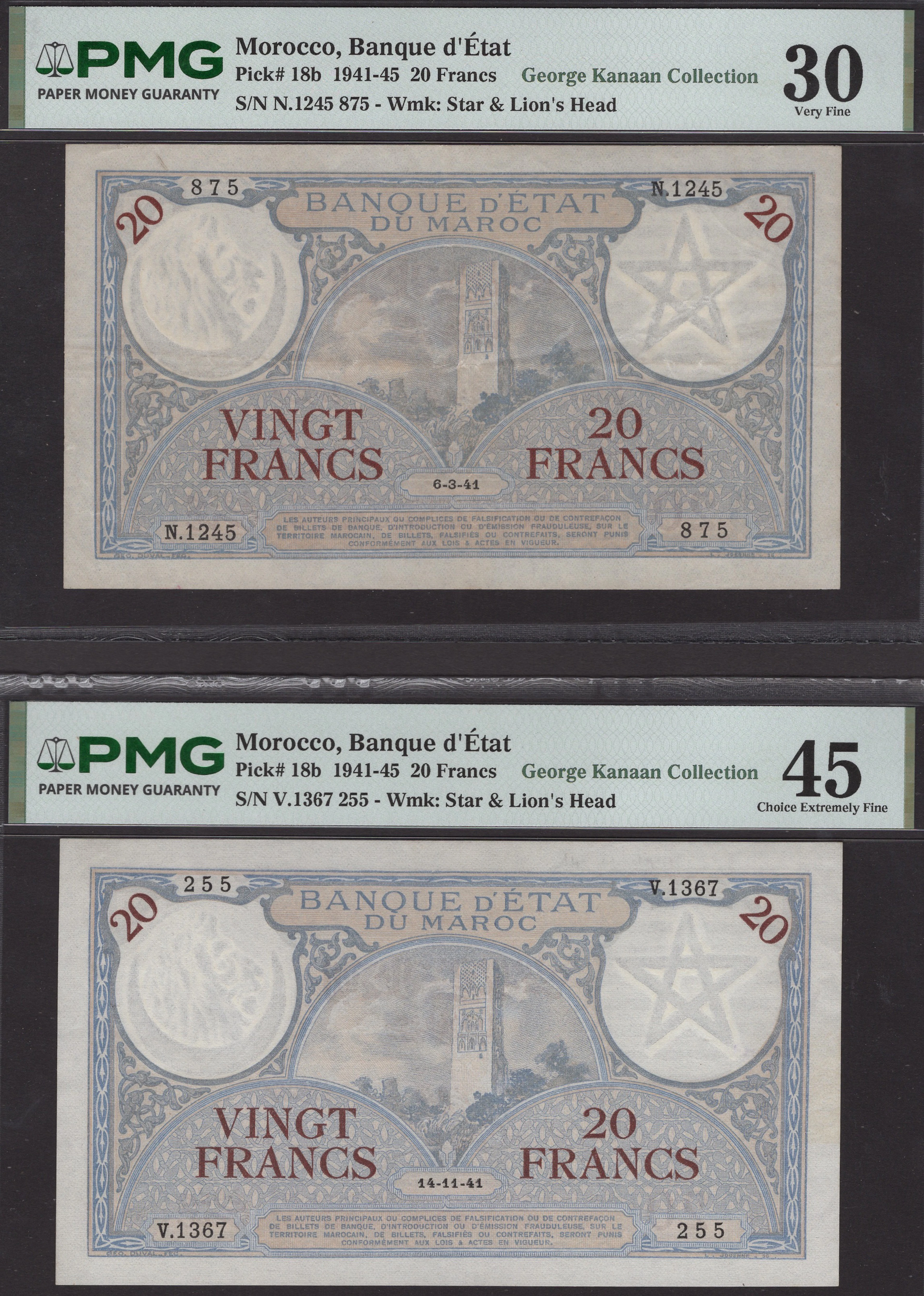 Banque d’Etat du Maroc, 20 Francs (2), 6 March 1941 and 14 November