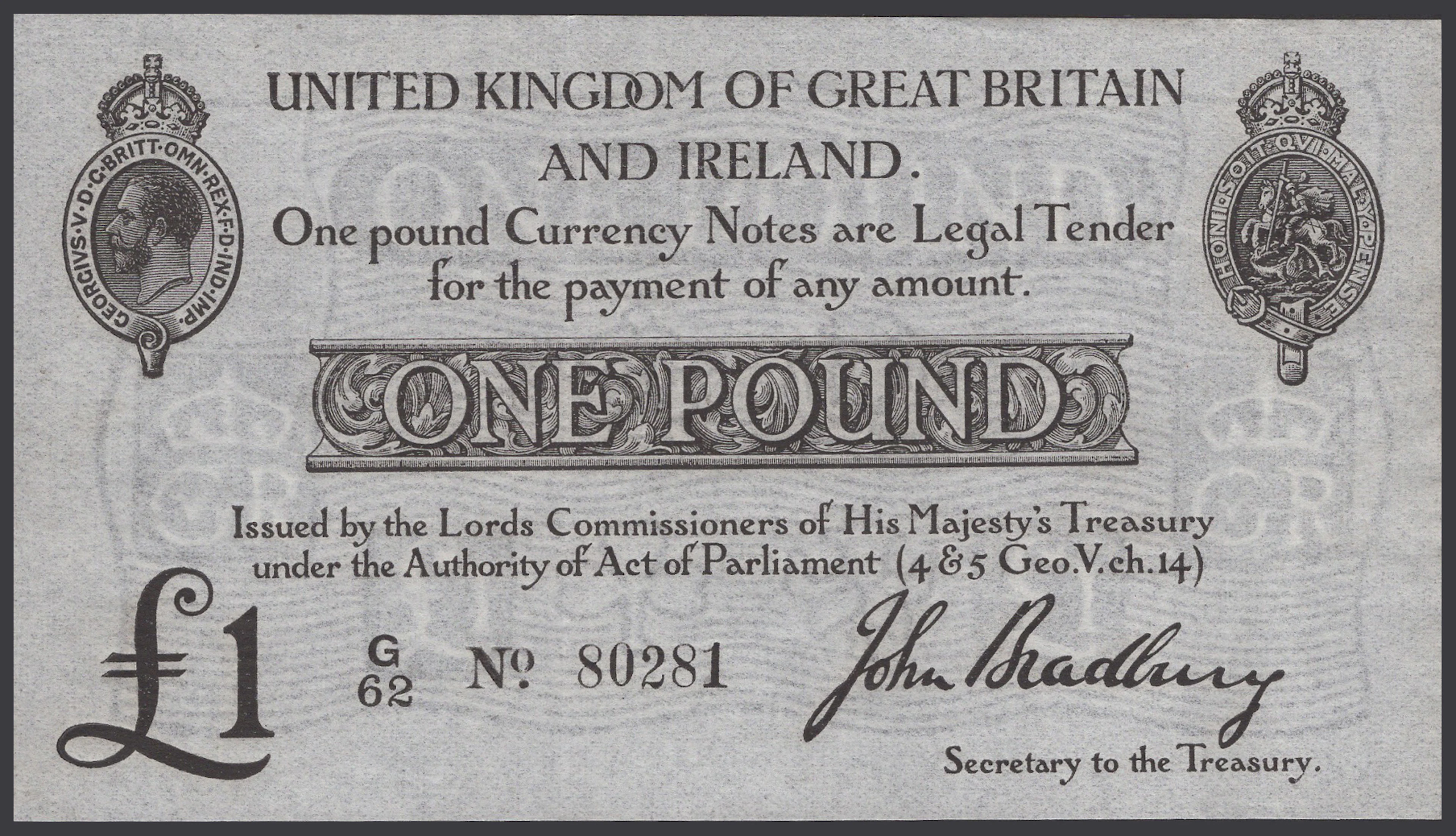Treasury Series, John Bradbury, £1, 23 October 1914, serial number