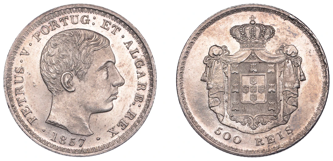 Portugal, Pedro V, 500 Reis, 1857, Lisbon (KM 498). Lustrous, better