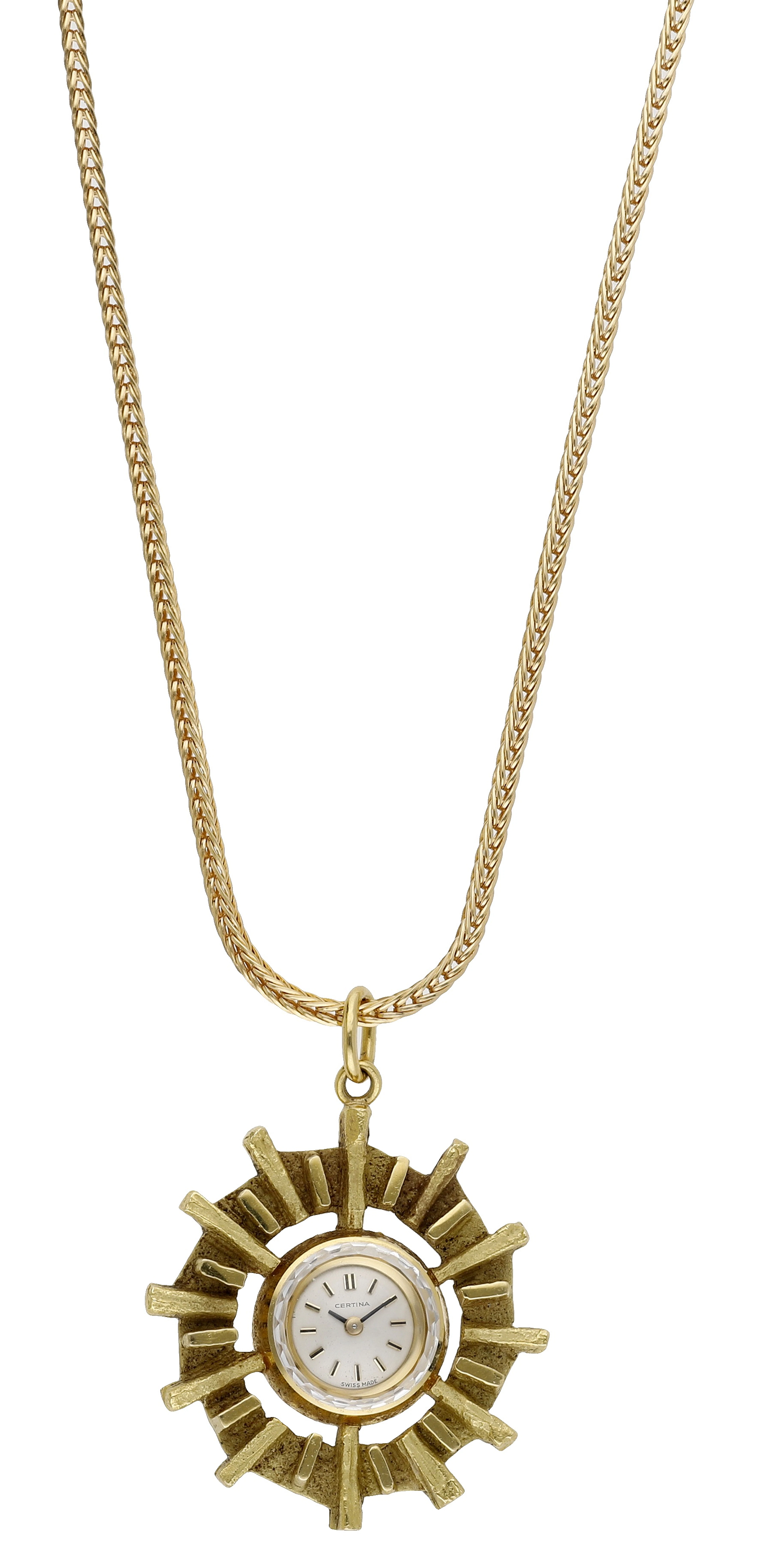 A Certina watch pendant, the manual winding movement within a textured