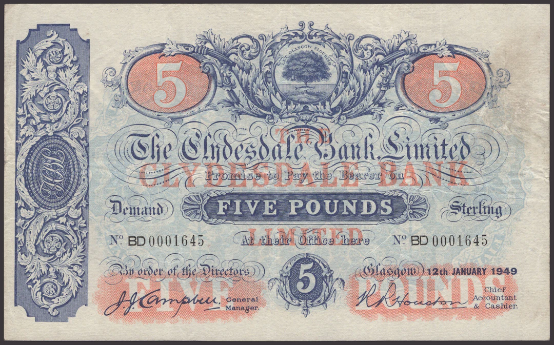 Clydesdale Bank Limited, £5, 12 January 1949, serial number BD0001645