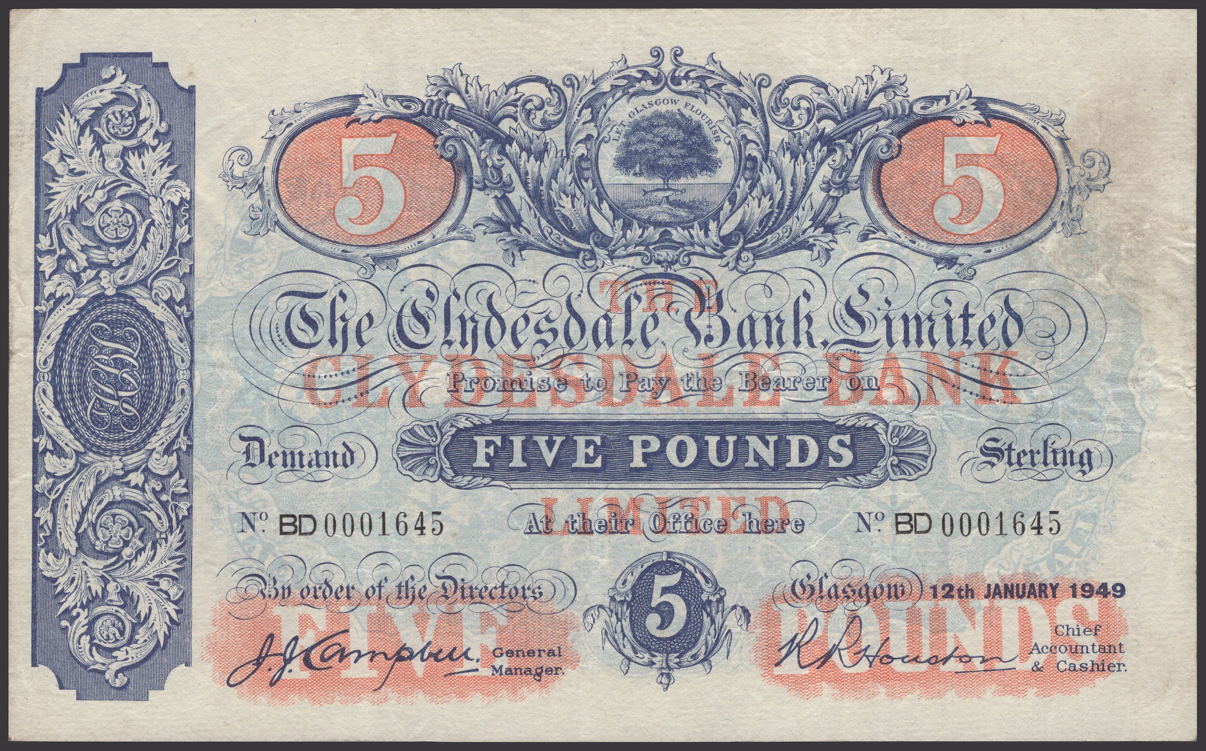 Clydesdale Bank Limited, £5, 12 January 1949, serial number BD0001645