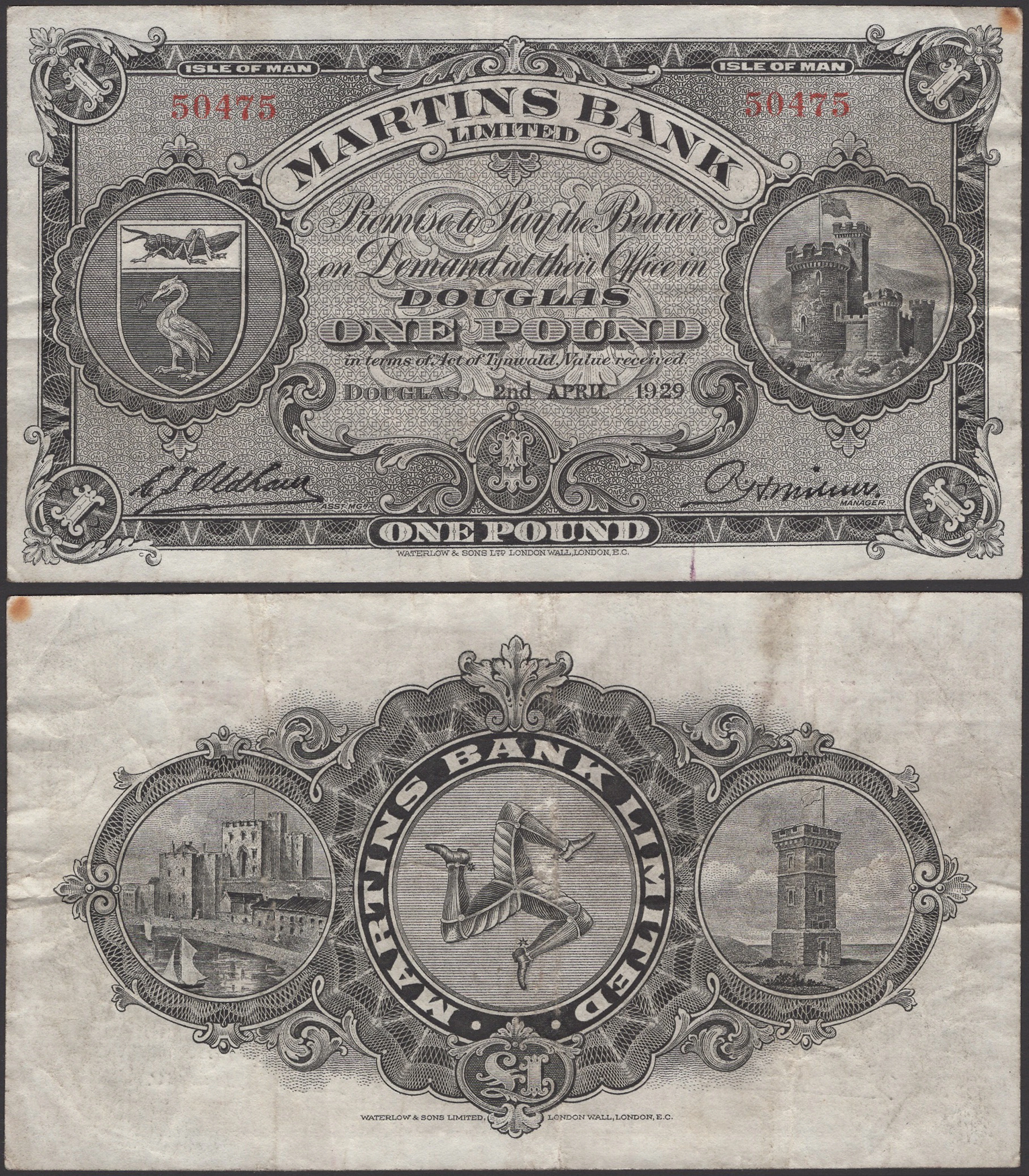 Martins Bank Limited, £1, 2 April 1929, red serial number 50475, a