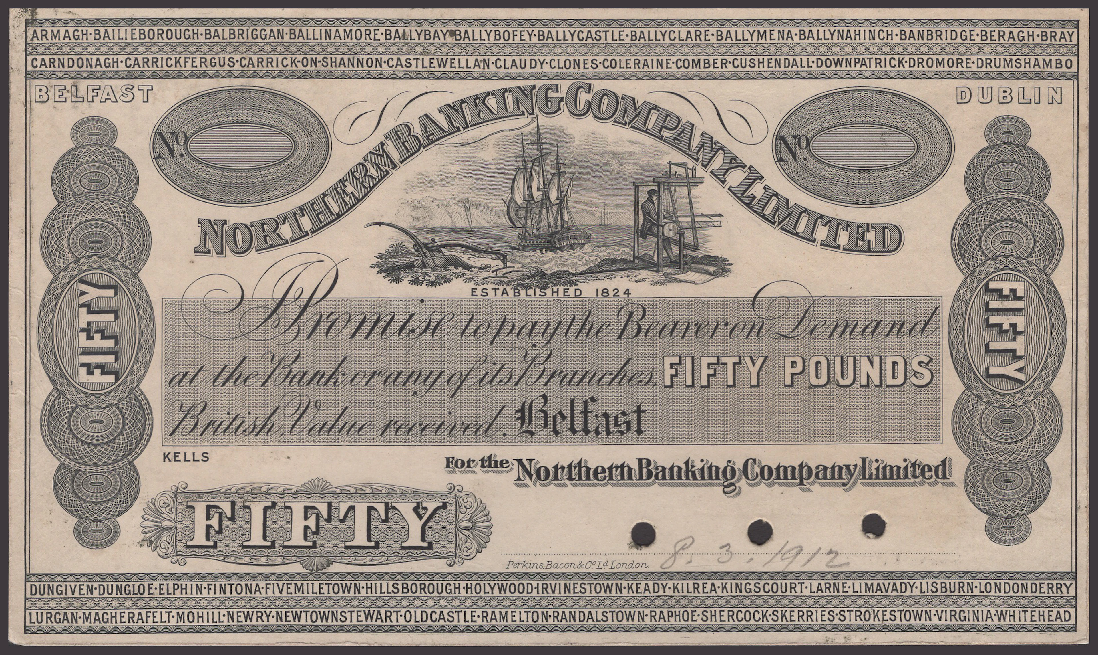 Northern Banking Company Limited, proof £50 on card, ND (c.1912)