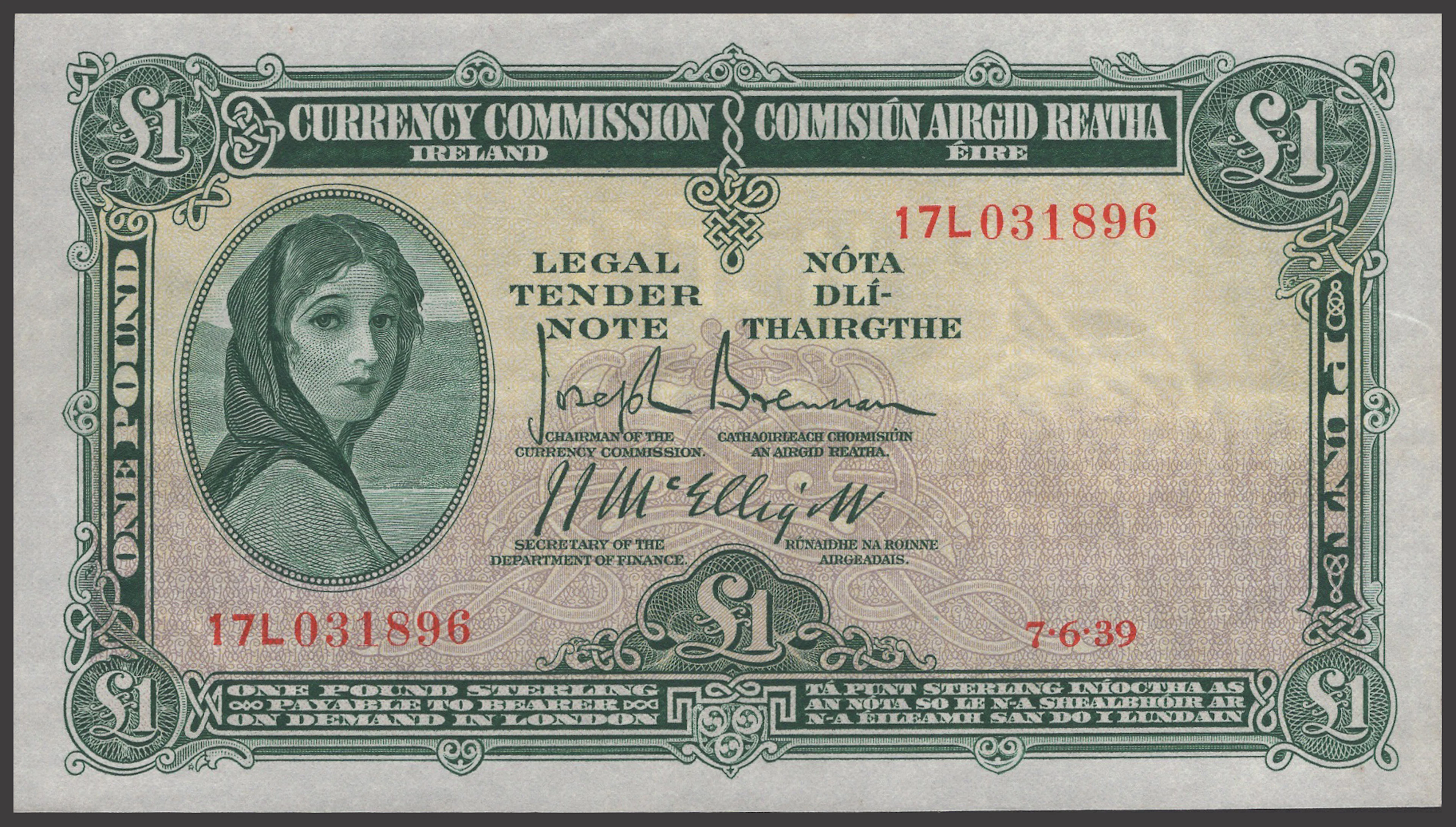 Currency Commission, Ireland, £1, 7 June 1939, serial number 17L 031896