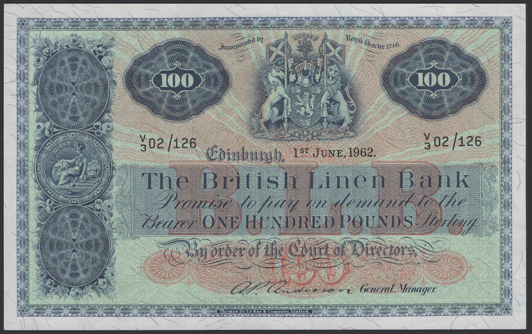 British Linen Bank, £100, 1 June 1962, serial number V/3 02/126, Anderson