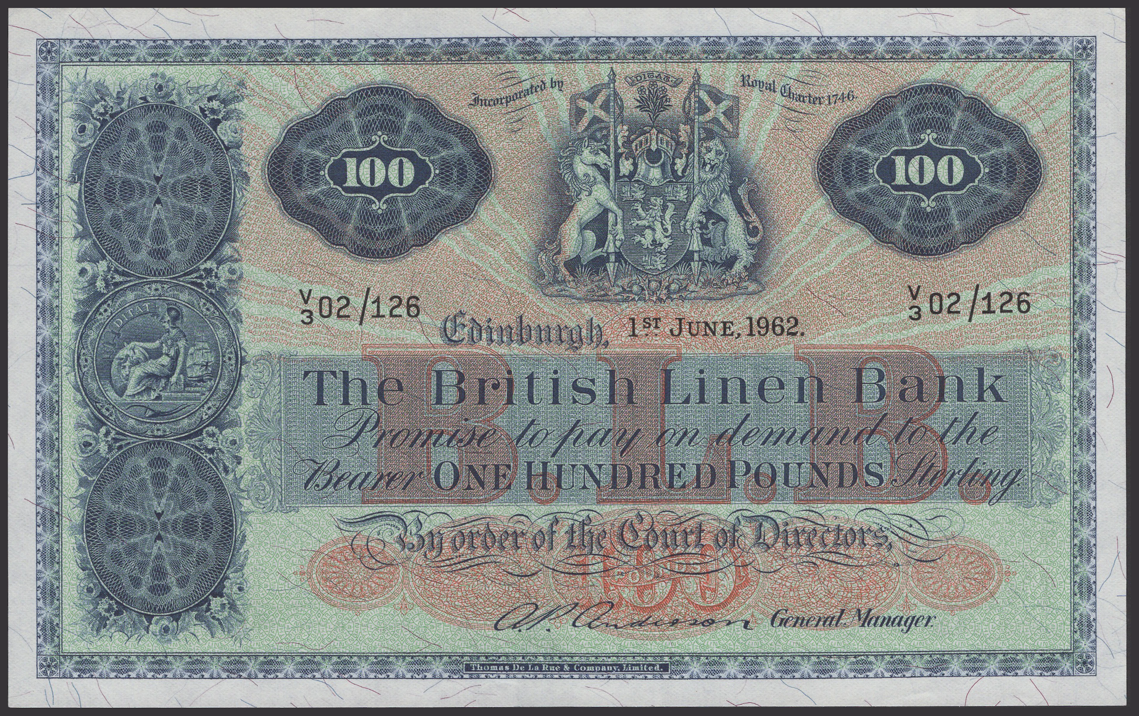 British Linen Bank, £100, 1 June 1962, serial number V/3 02/126, Anderson