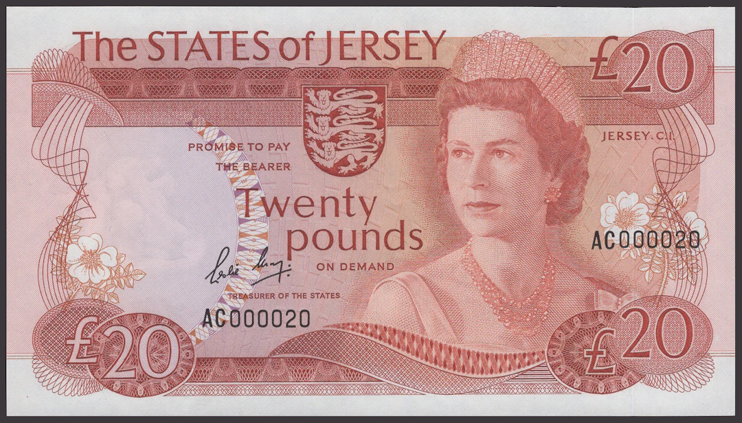 States of Jersey, £20, ND (1983), serial number AC000020, May signature