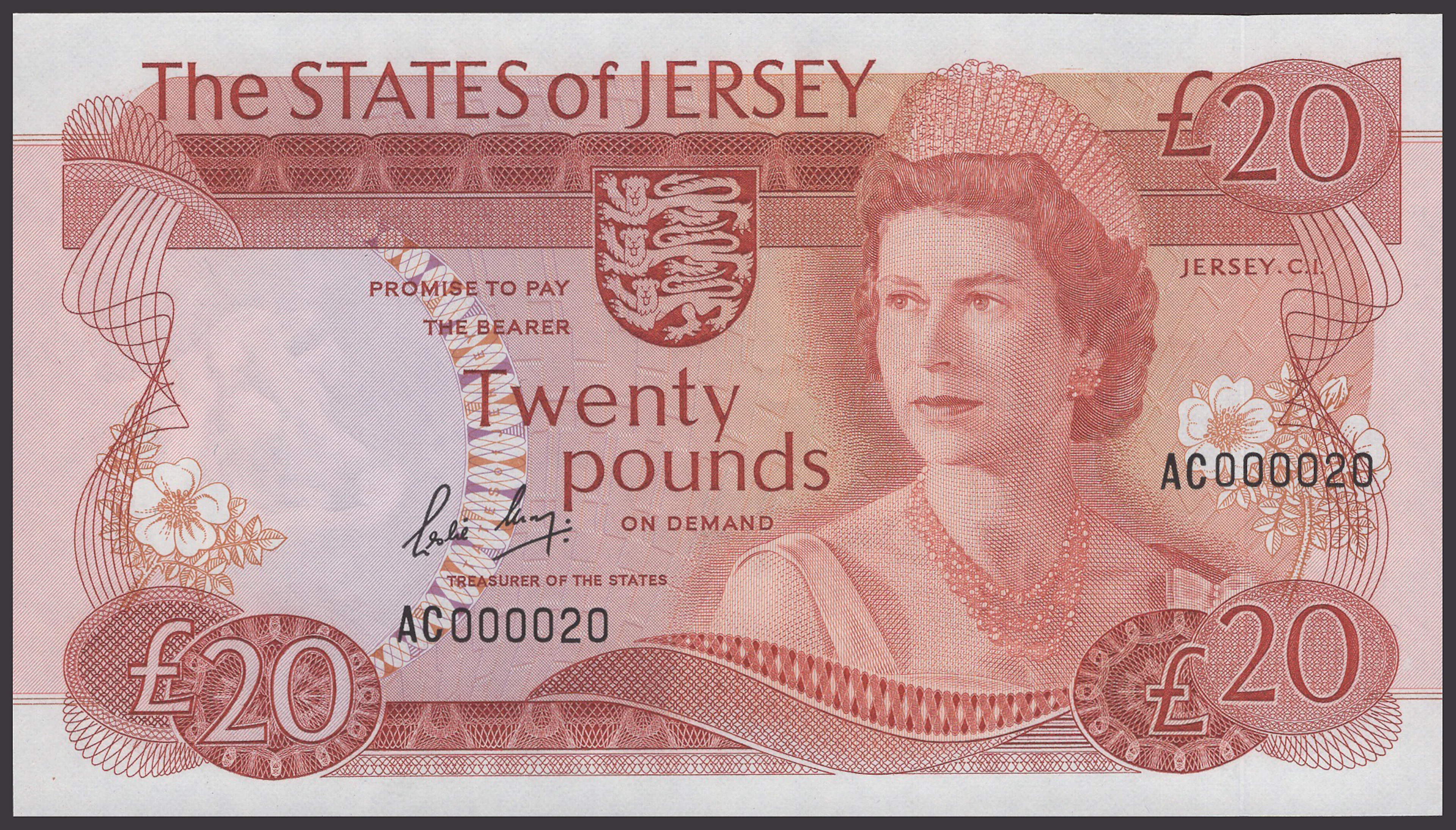 States of Jersey, £20, ND (1983), serial number AC000020, May signature