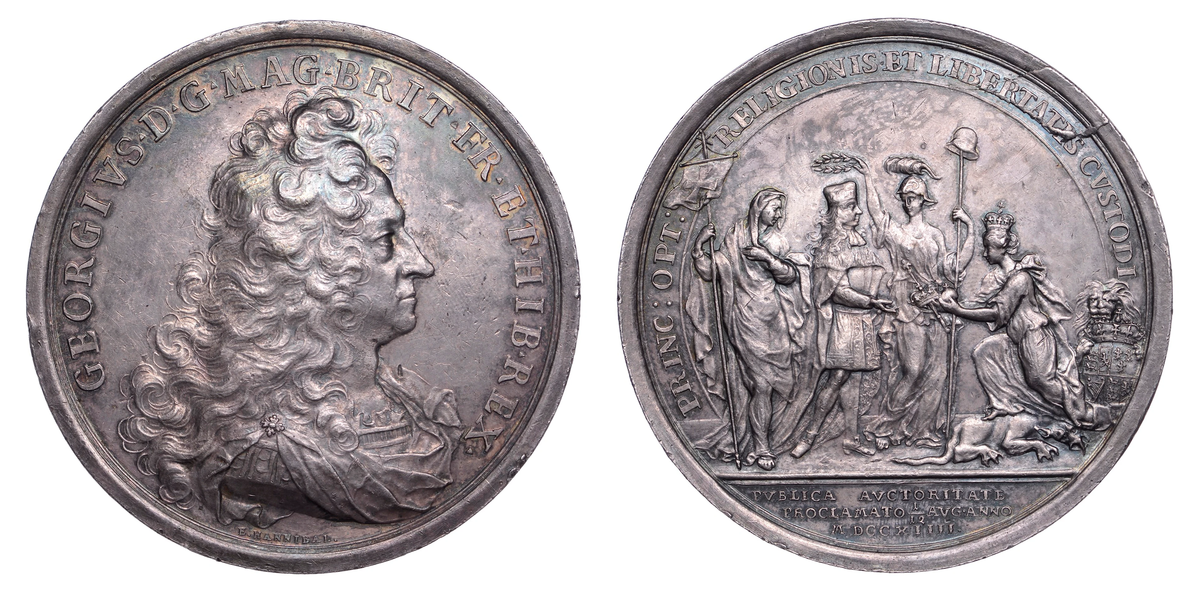 George I, Coronation, 1714, a large silver medal by E. Hannibal, draped
