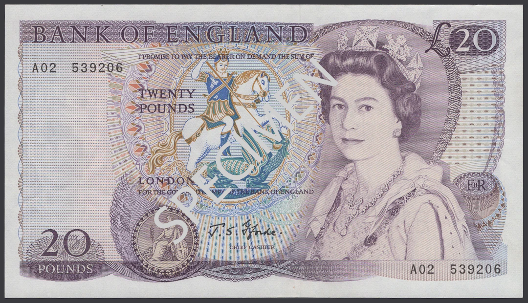 Bank of England, John S. Fforde, £20, 9 July 1970, serial number A02