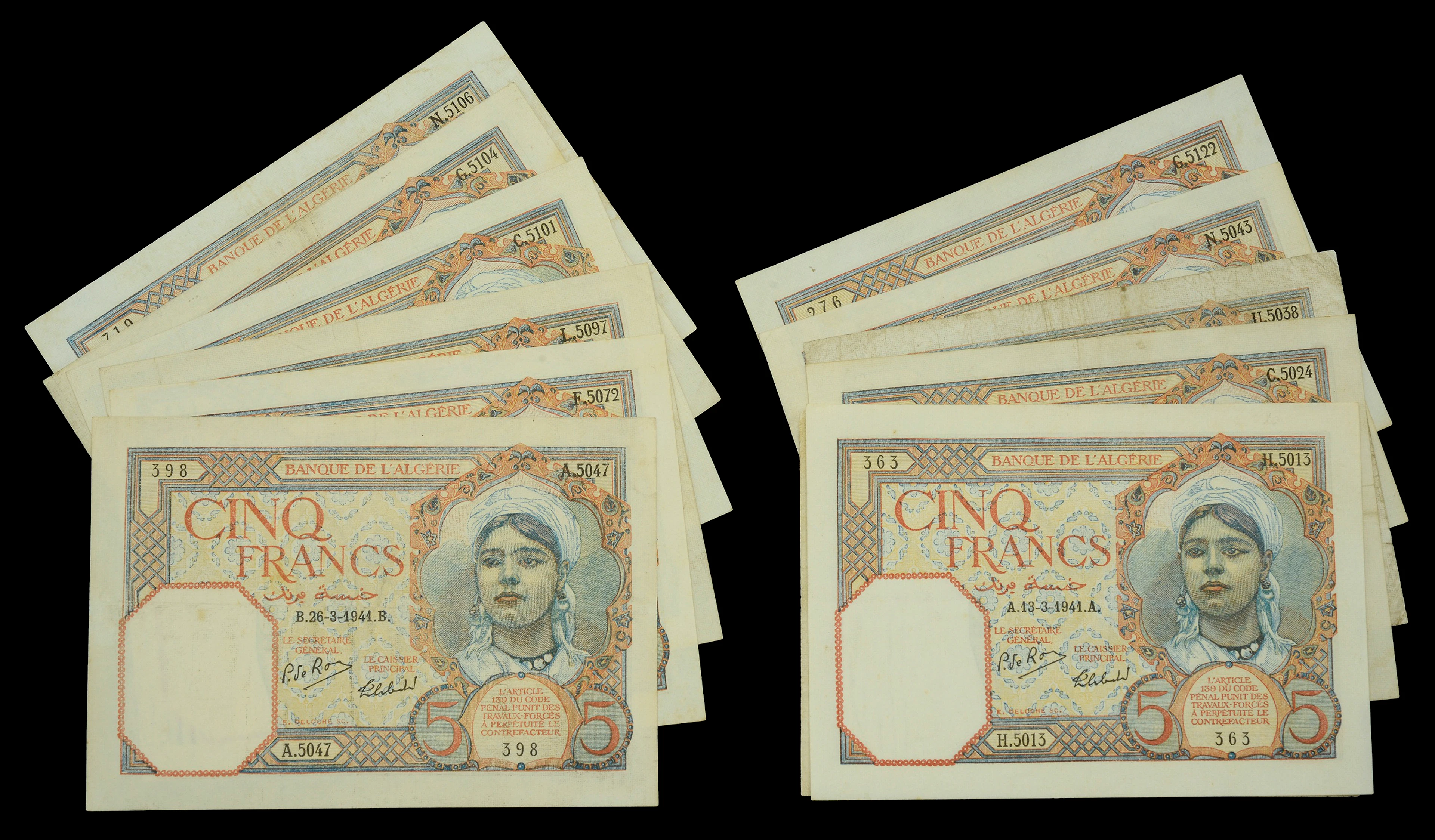 Banque de l’Algerie, 5 Francs (12), all with different dates ranging