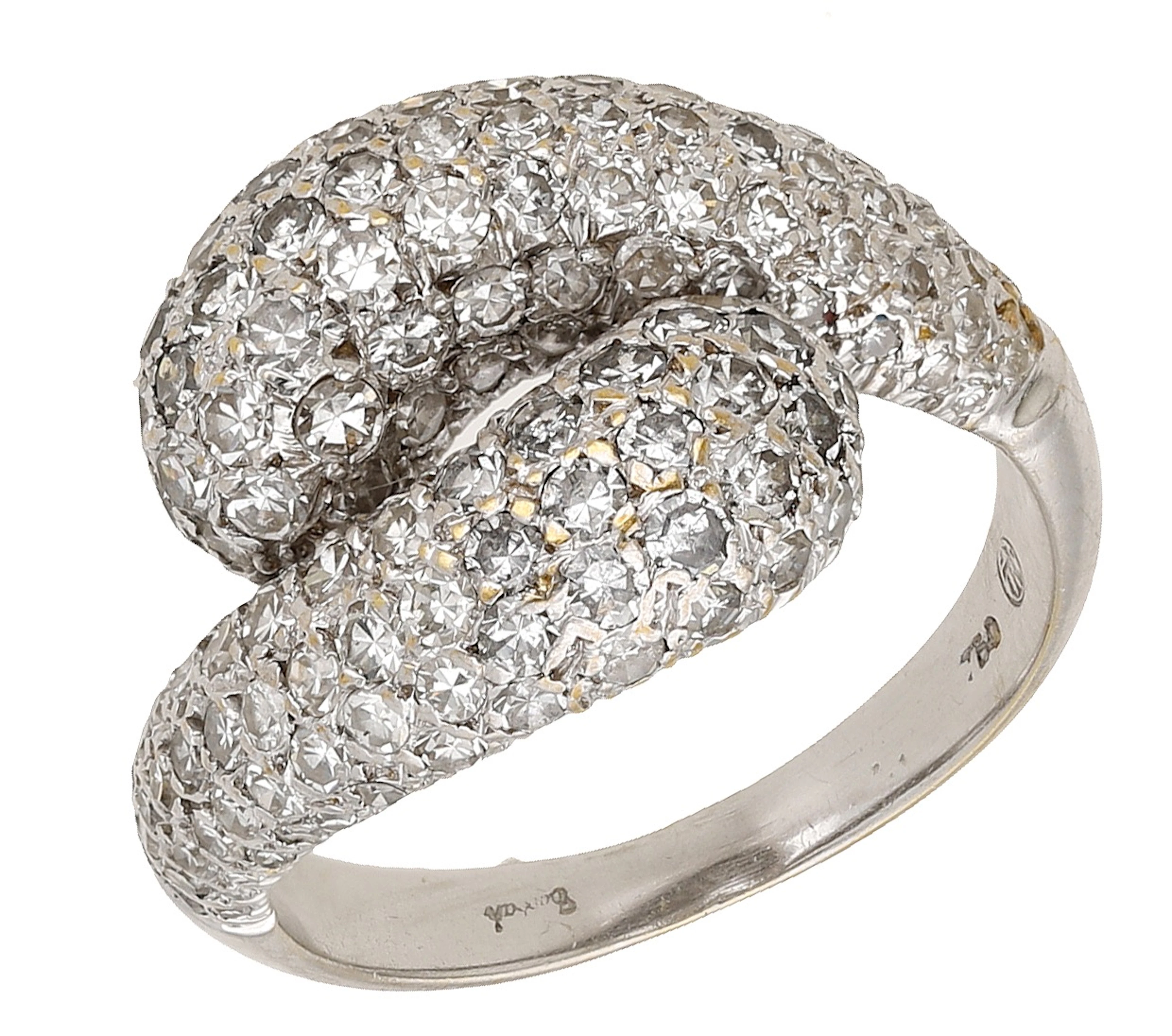 A diamond ring, the crossover panels pavé-set throughout with brilliant-cut