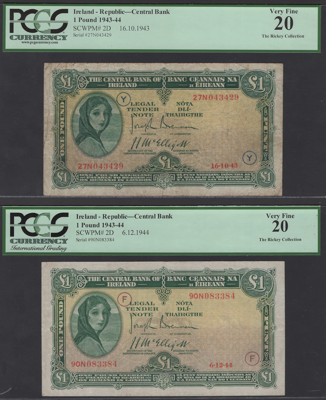 Central Bank of Ireland, £1 (2), 16 October 1943, serial number 27N043429