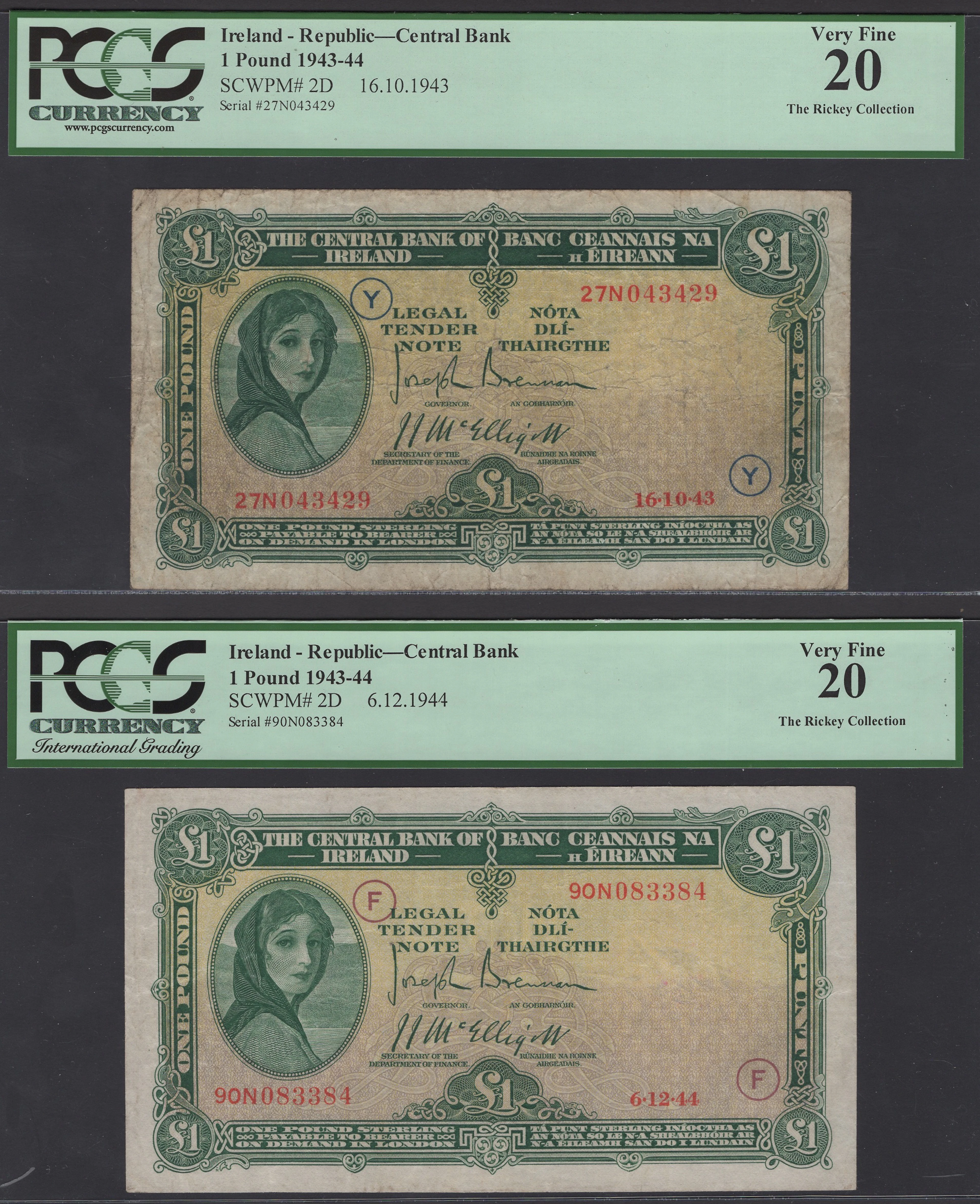 Central Bank of Ireland, £1 (2), 16 October 1943, serial number 27N043429