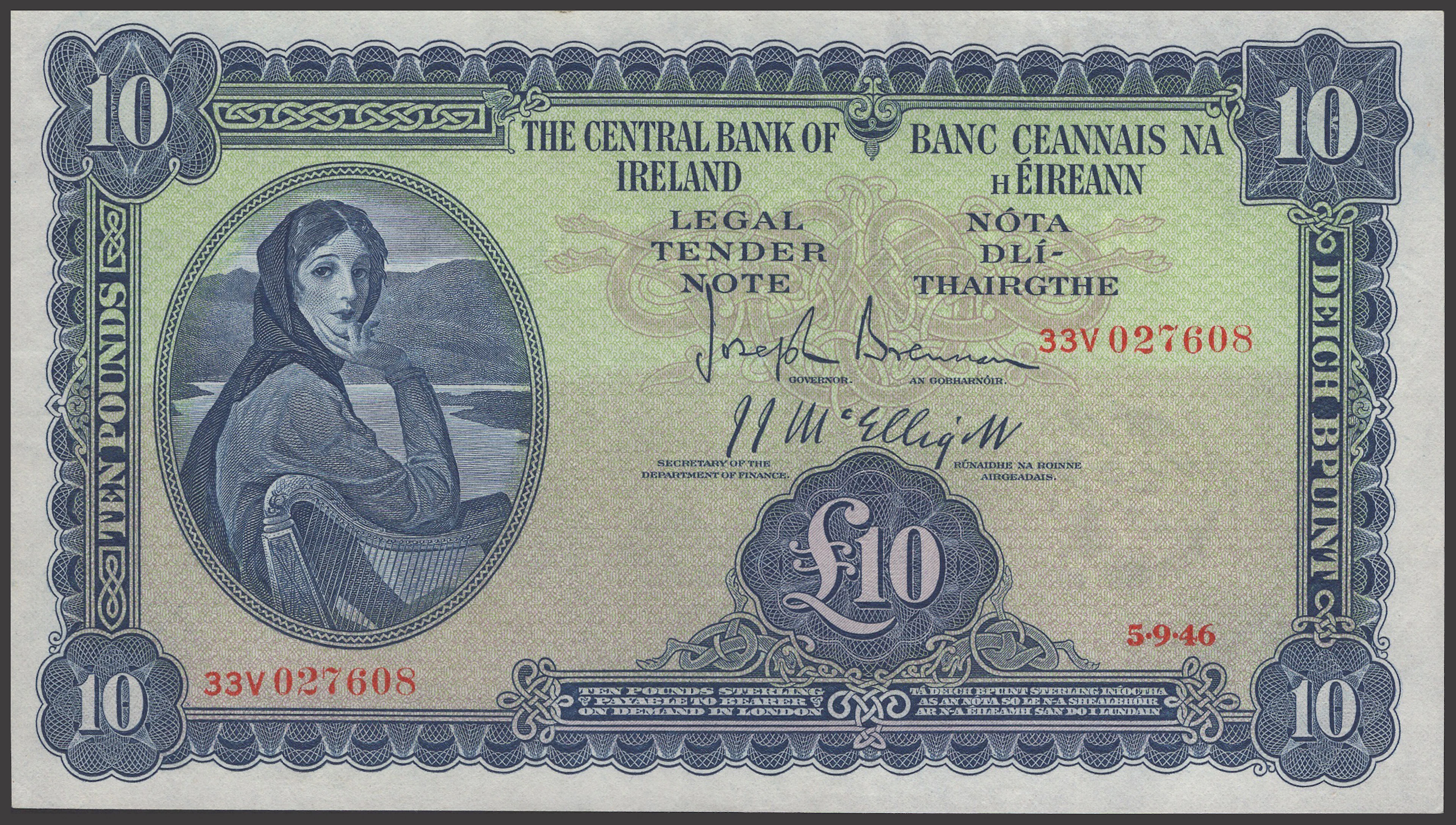 Central Bank of Ireland, £10, 5 September 1946, serial number 33V